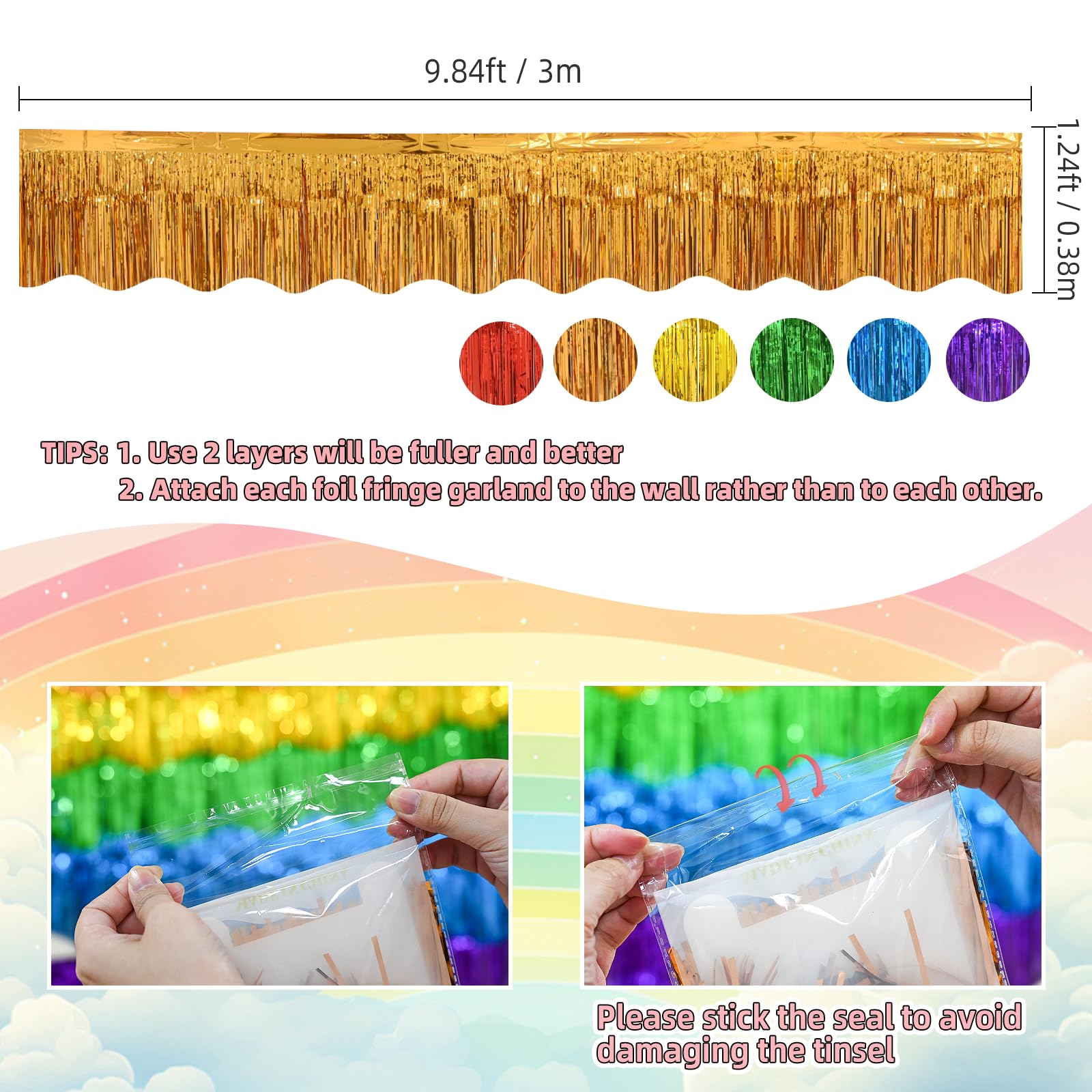 LOLStar Regenbogen-Folien-Fransengirlande, Party-Dekorationen, 6 Stück, Regenbogen-Lametta-Metallic-Glitzer, hängende bunte Tischröcke für Geburtstag, Hochzeit, Weihnachten, Stolz, Monat, Parade