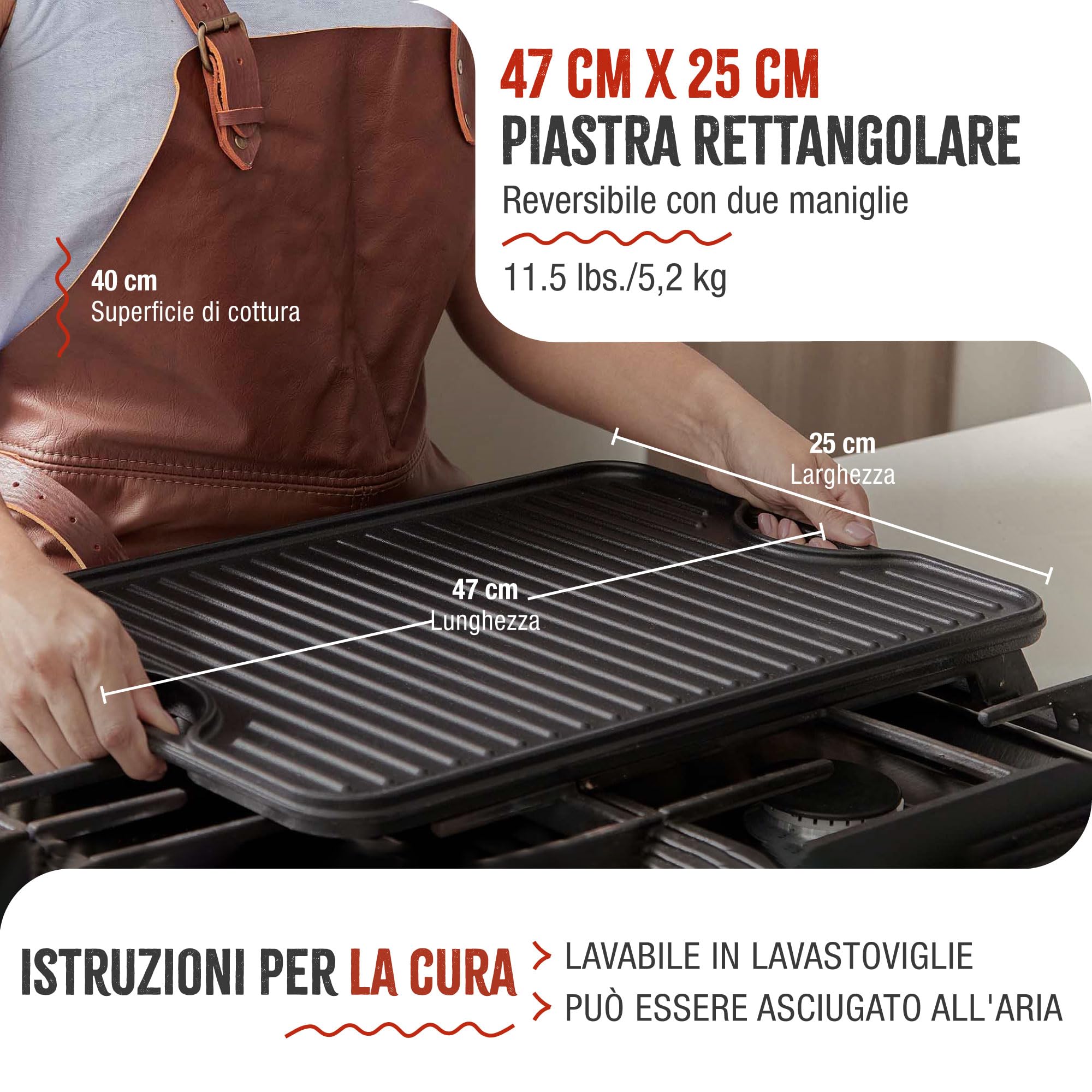 VICTORIA Bistecchiera Ghisa Smaltata, Piastra per Grigliare Reversibile 47 X 25 cm per Fuoco, Barbecue, Forno, Vetroceramica, Gas, Priva di Sostanze Tossiche e senza PTFE