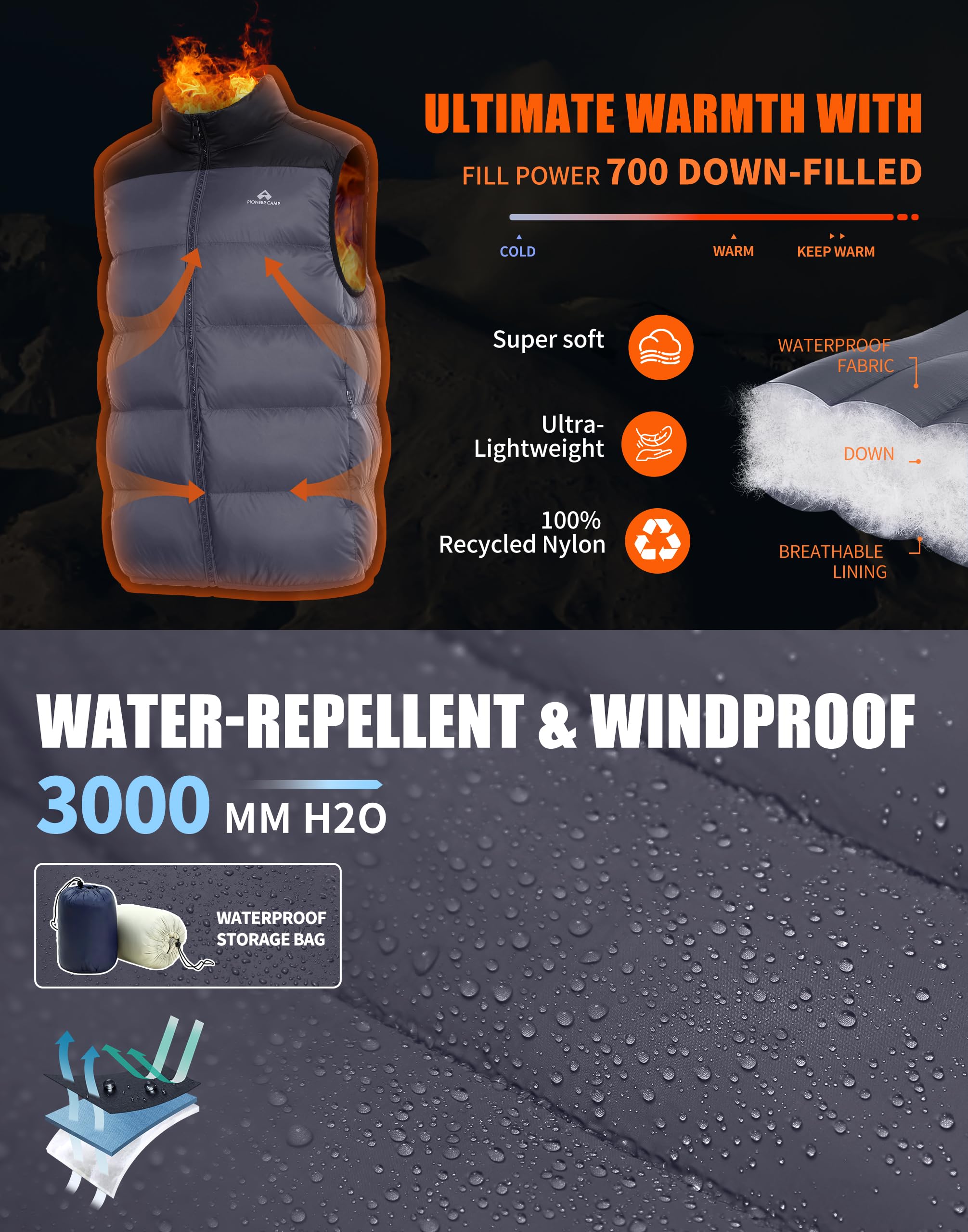 Pioneer Camp Piumino leggero da uomo Fill Power 700, ripiegabile, senza maniche, caldo