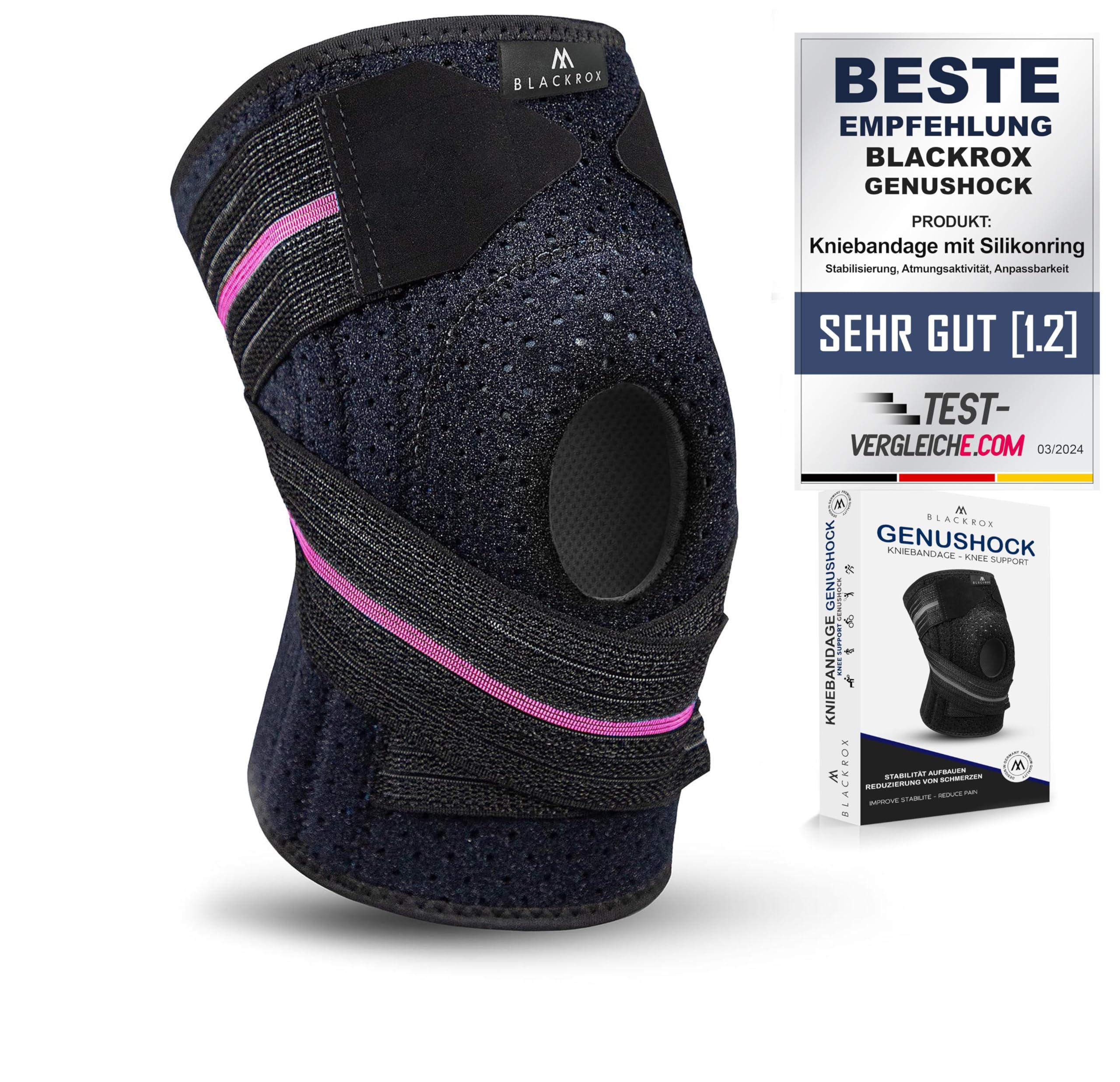 BLACKROX GENUSHOCK KNIEBANDAGE MIT SILIKONRING – Kniegelenkbandage für Damen & Herren – Unterstützung von Knie & Meniskus – Kniestütze ideal für Sport, Fußball, Kraftsport & Training – One Size