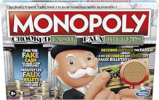 Hasbro Monopoly Crooked Cash Board Game for Families and Kids Ages 8 and Up, Includes Mr. Monopoly's Decoder to Find Fakes, Game for 2-6 Players