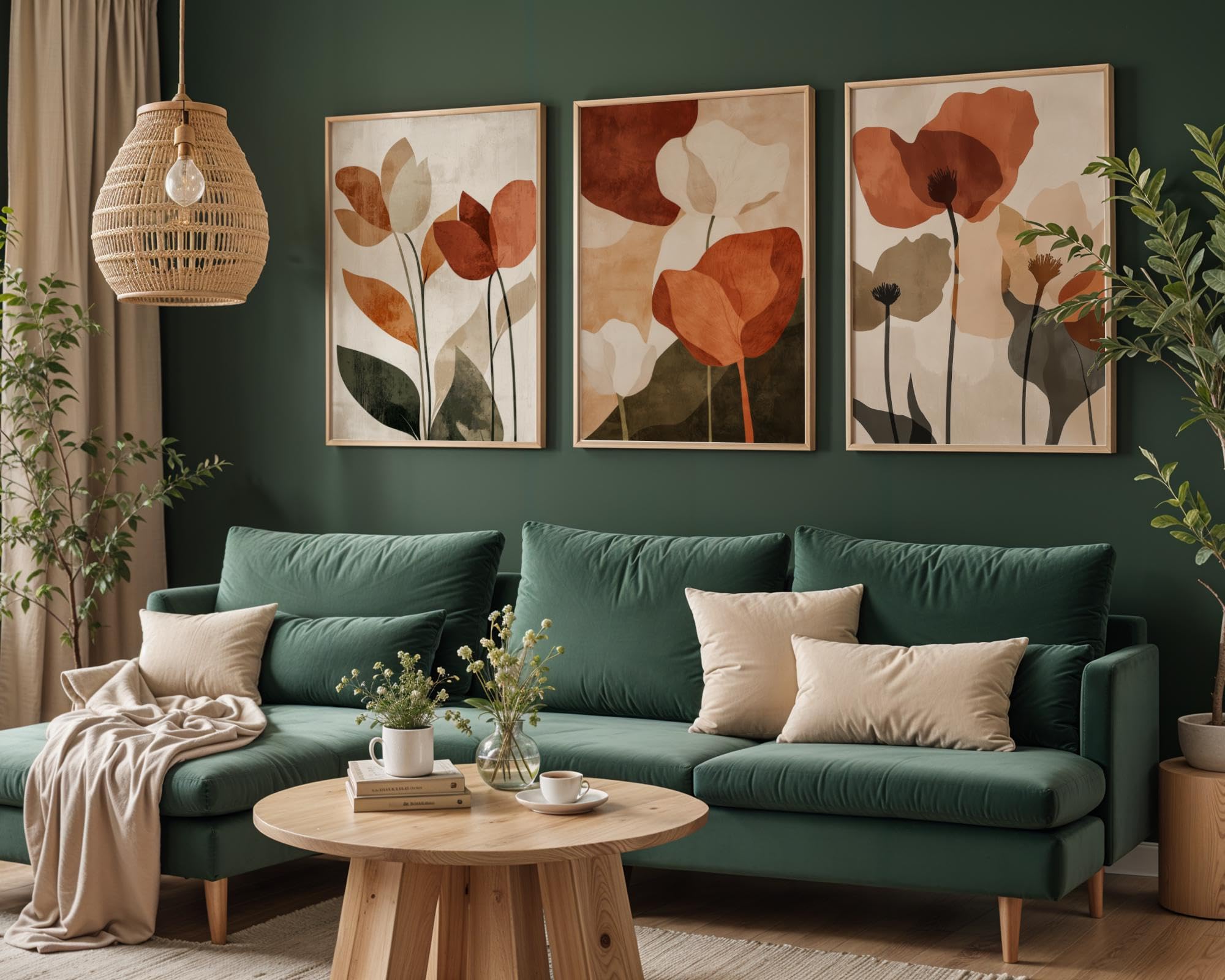 AMOSIJOY Neutral Floral Wall Art Set of 3, Abstract Botanical Prints with Earth Tone Colours, Minimalist Scandinavian Boho Wall Decor for Living Room Bedroom Office, Unframed (21x30cm)