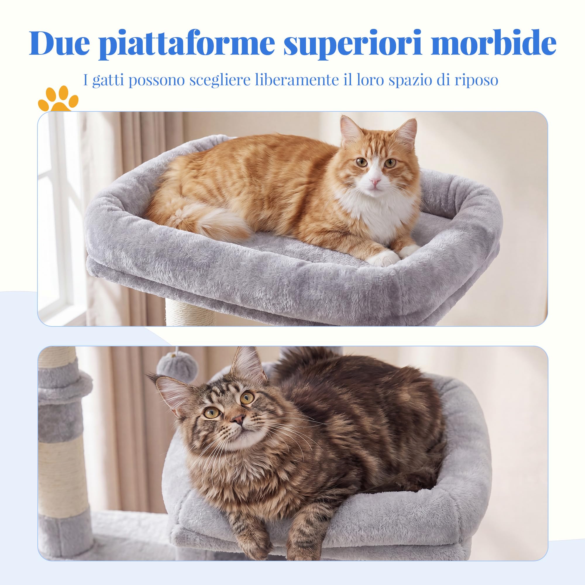 Hey-brother Tiragraffi per Gatti XXL, Albero per Gatti alto 188 cm a più livelli,Dotato di 2 Grandi Piattaforme, 2 Ceste, Palline Pelose e Colonne di Sisal per Graffiare, grigio chiaro 0EMPJ035-MW | 188cm Albero per Gatti, 2 Piattaforme, Spazzola per anim