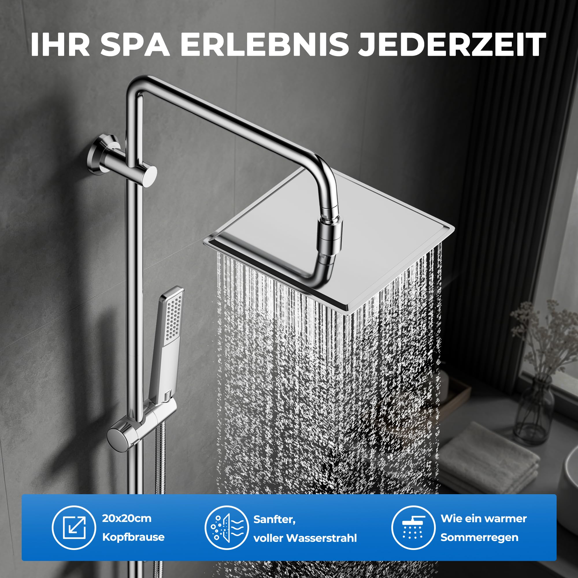 Görbach Set Doccia a Pioggia Acciaio Inox 20x20 Quadrato Soffione Doccia Doccetta a Mano