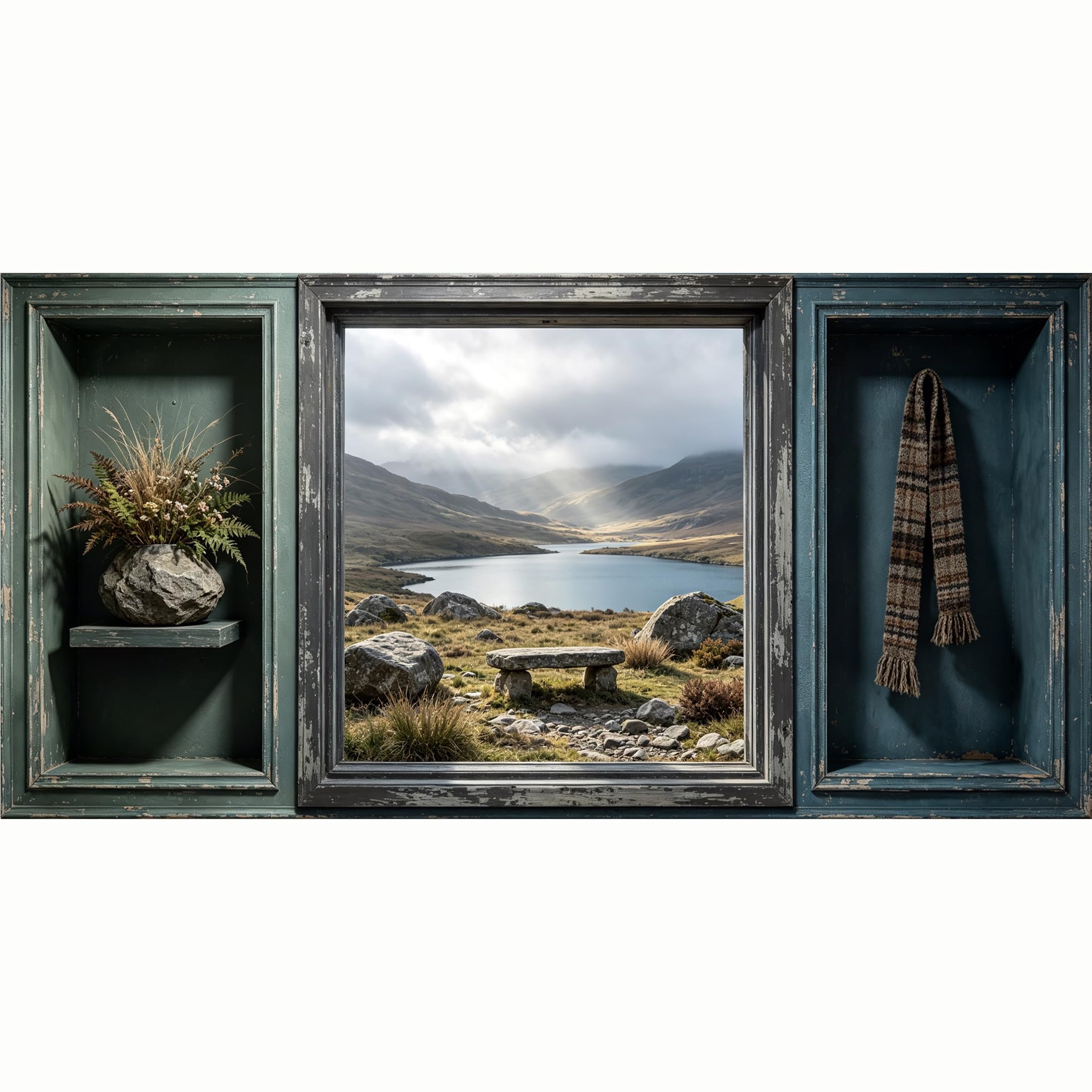 QZLITHOTIC 50x100cm 3D Framed Wall Art， Mountain Lake Scenic Nature Landscape SelfAdhesive Mural， Water‑Activated Peel & Stick Fabric Decor Wall Decal for Bedroom Living Room