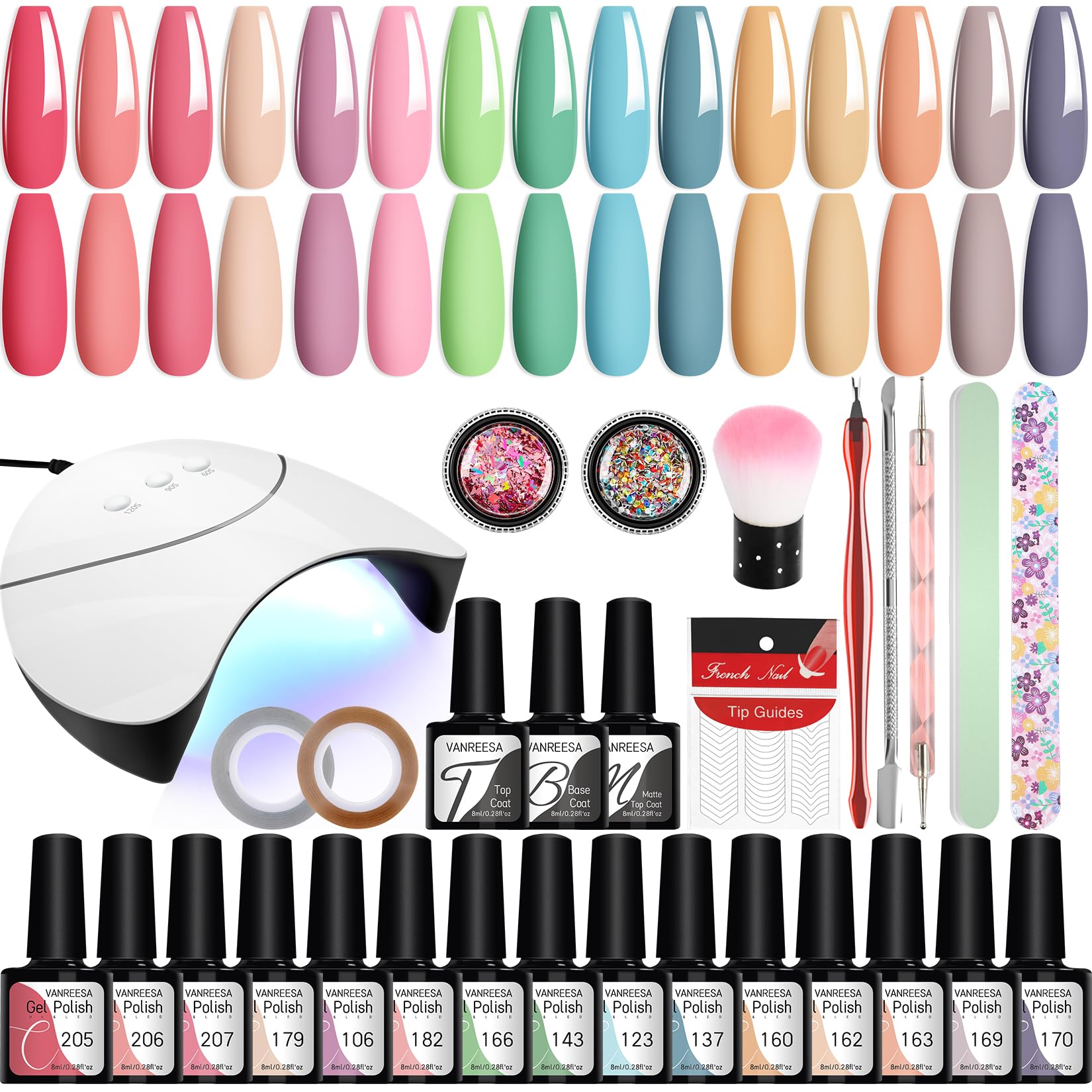VANREESA Kit Uñas Semipermanentes, 15 Colores Uñas Semipermanentes Kit Completo con Lámpara U V, Set Manicura con Base Top Mate Coat y Herramientas de Uñas, Regalos para Mujeres