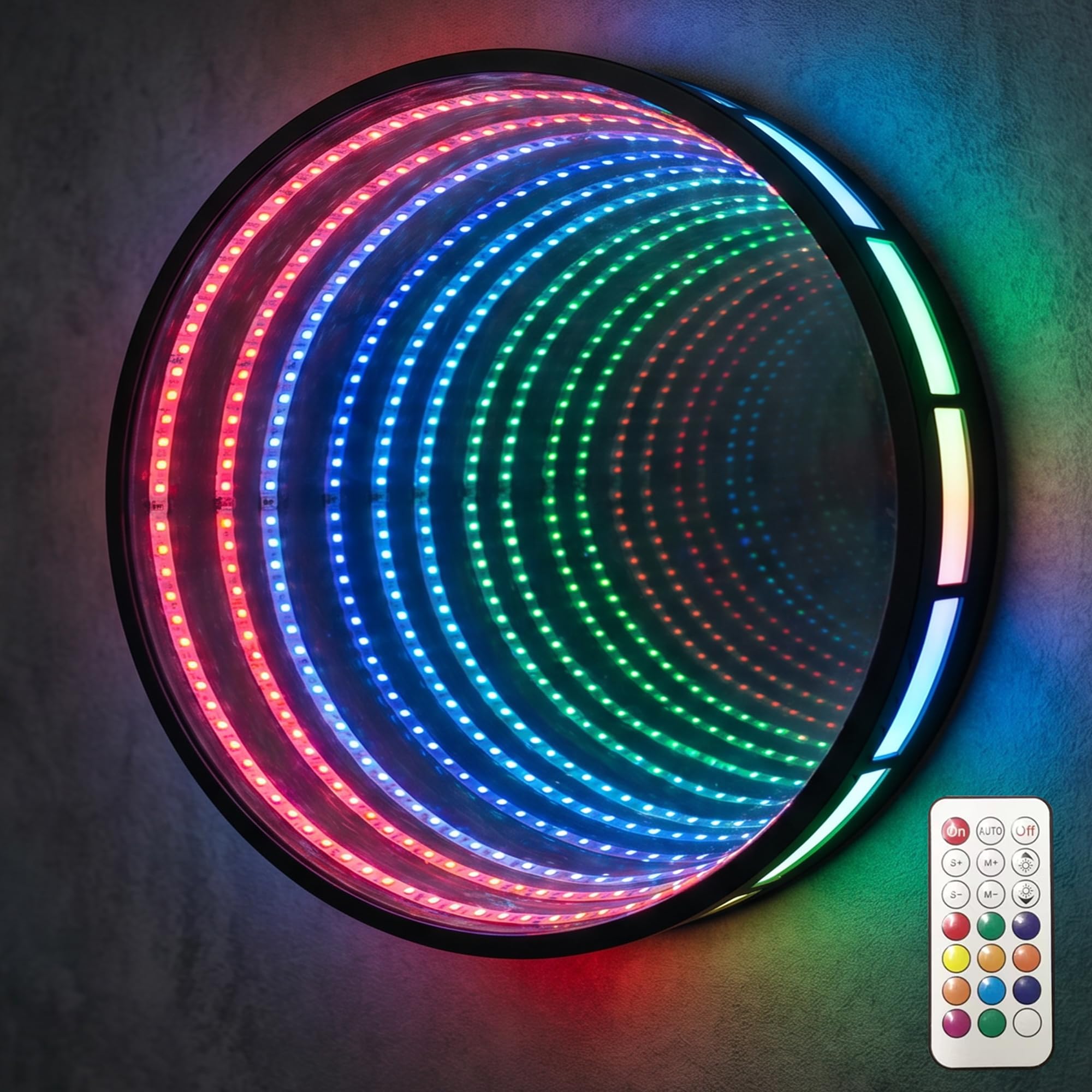 Miroir LED infini avec télécommande et éclairage latéral RVB changeant