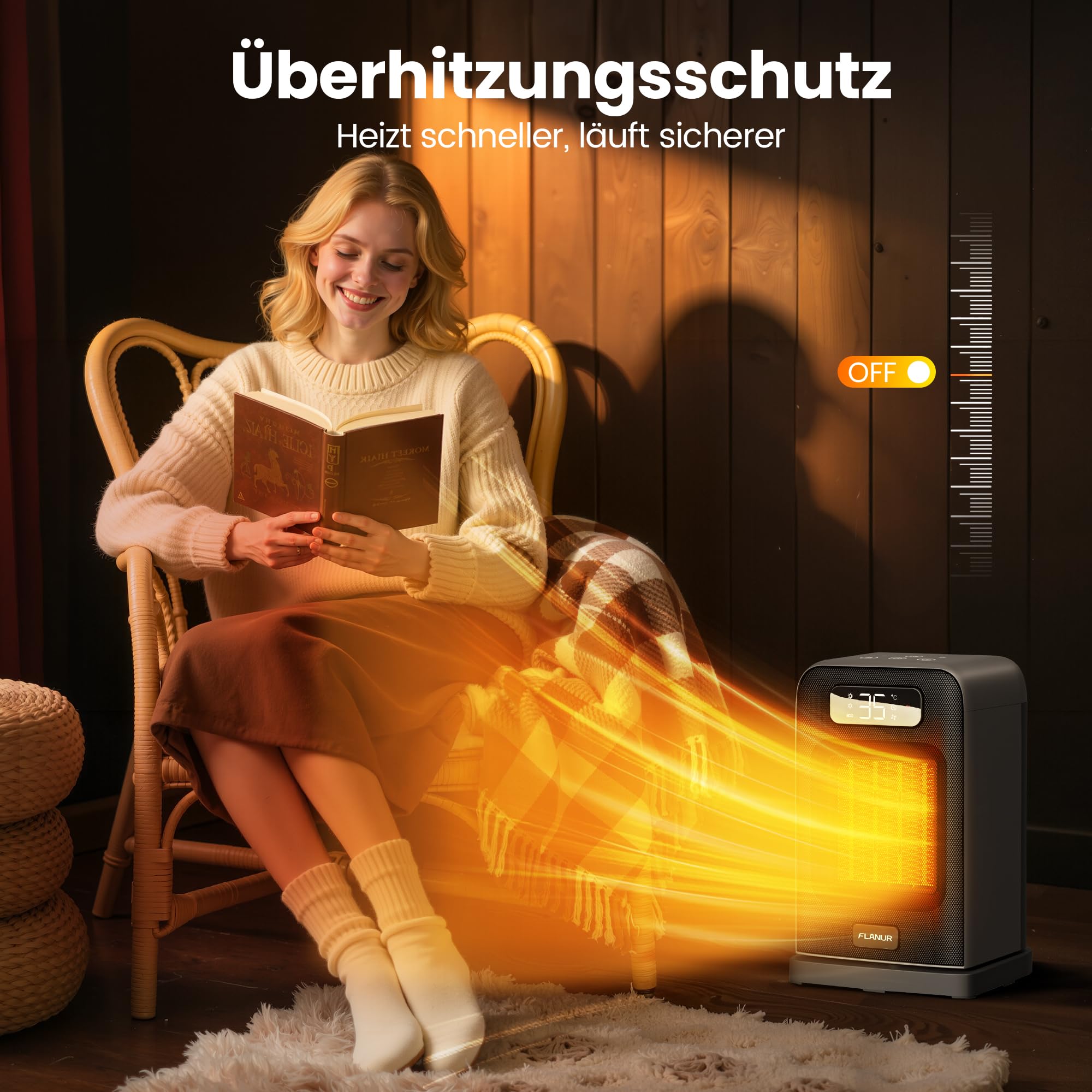 FLANUR Termowentylator energooszczędny, 1500 W PTC ceramiczny termowentylator z termostatem i trybem ECO, termowentylator 2 w 1, wyświetlacz cyfrowy, timer 12-godzinny, cichy grzejnik elektryczny 35