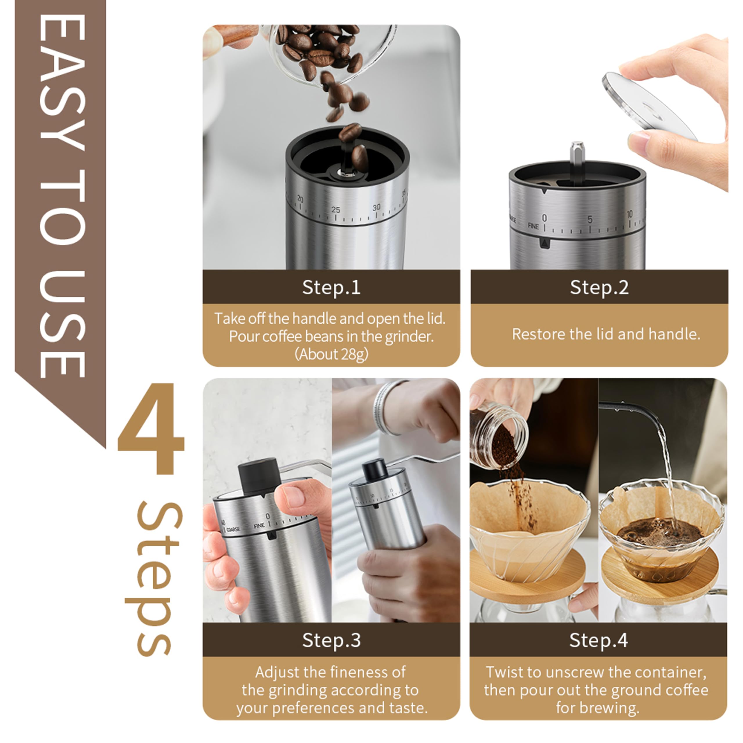 Macinacaffè portatile a forma conica per espresso e francese, con doppio cuscinetto, capacità di regolazione interna, 25 g (argento e ceramica)