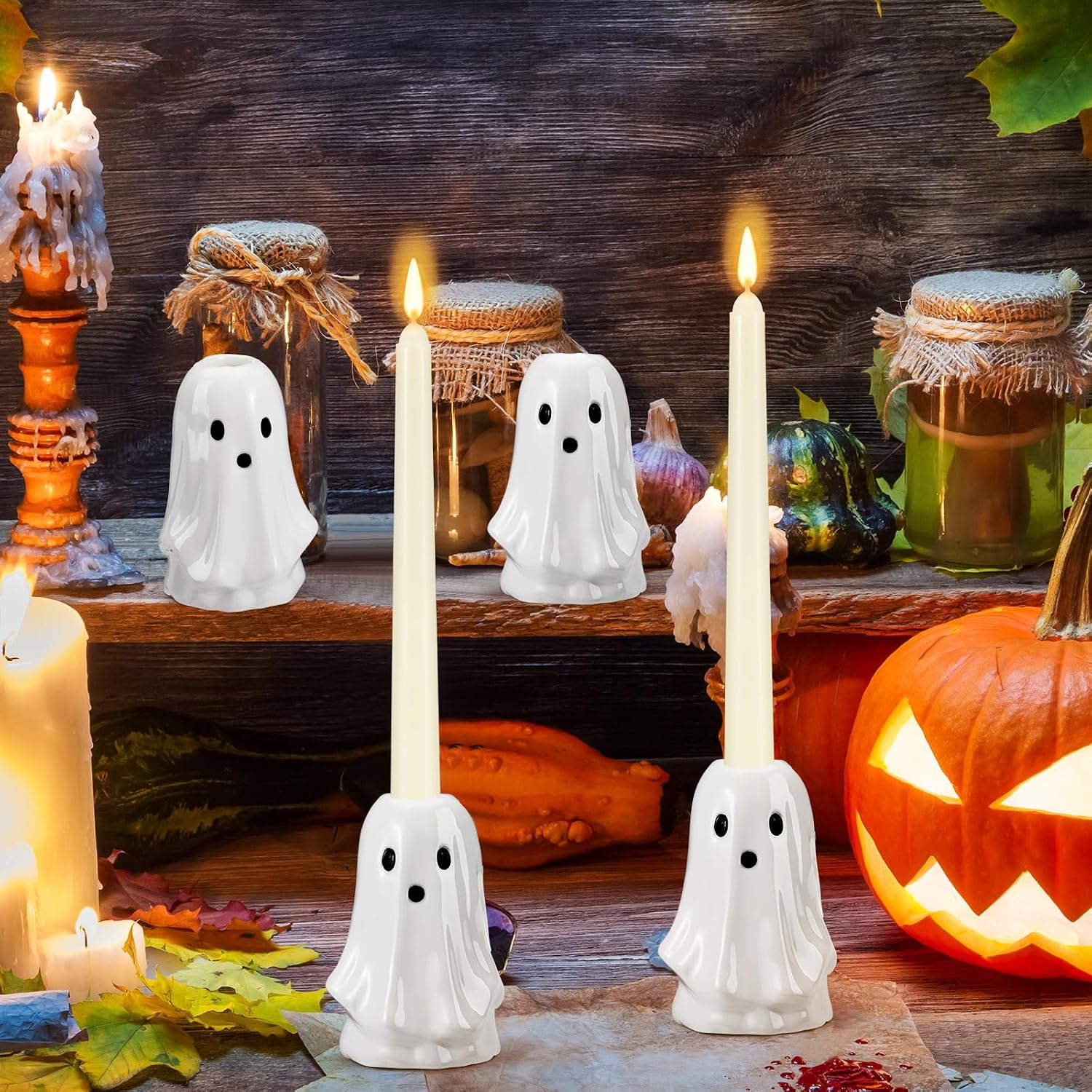 Mumufy 4pcs Ceramic Halloween Ghost Candlestick Holders Cute Cartoon Ghost Candle Holders Halloween Ceramic Decor for Bedroom Living Room Table Storage Box Party Decoration Gift