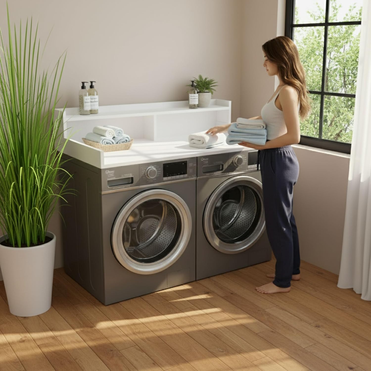 OfficeSimpli Large Washer Dryer Countertop with Shelf - 30 x 58 Inch - Made in USA Laundry Countertop Over Washer and Dryer with Non-Slip Pads, Storage Shelf, Laundry Topper Organizer, Gracier White