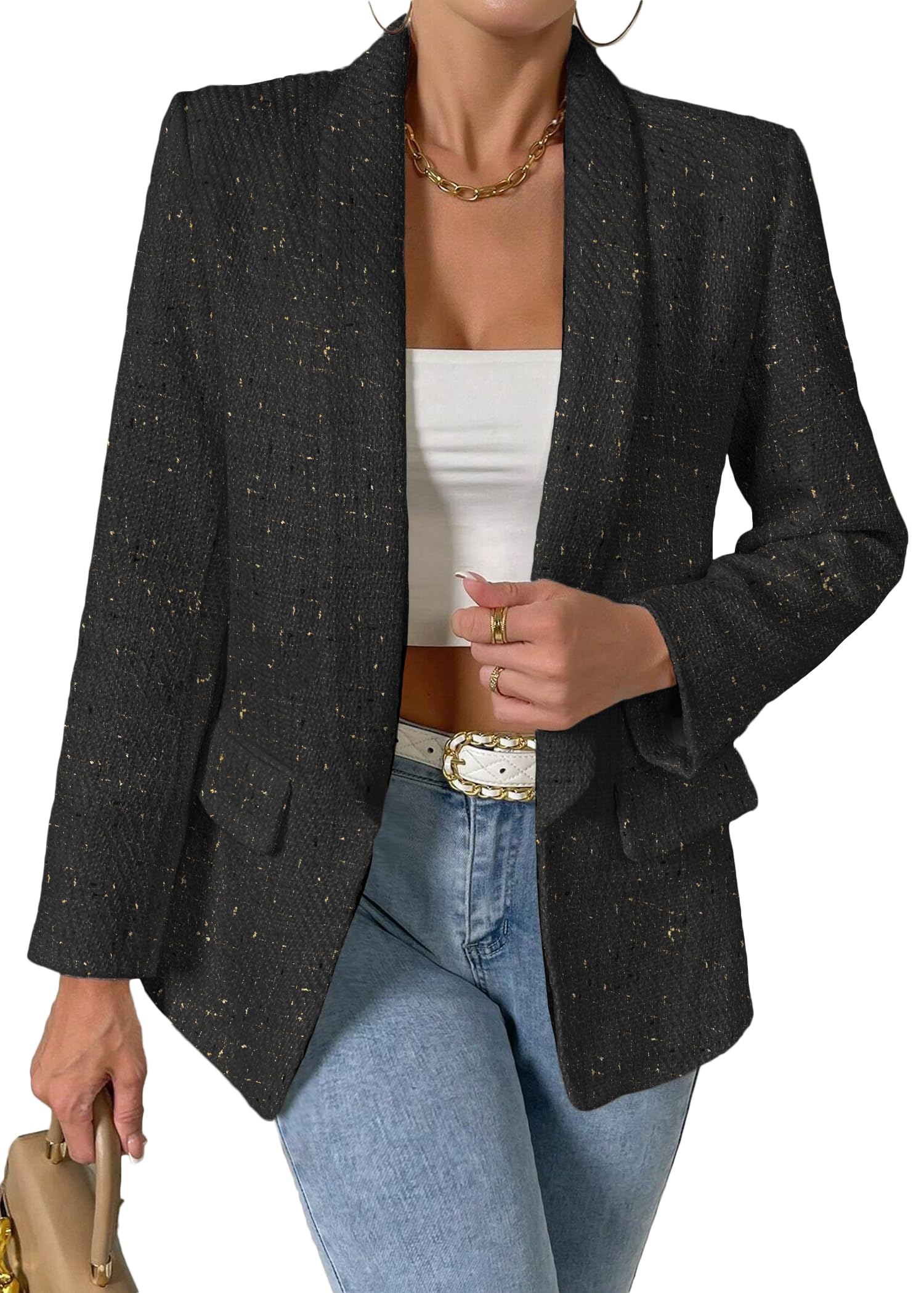 2024 Fall Tweed Blazer Jackets for Women Shawl Lapel Long Sleeve Open Front Fashion Business Casual Suit with