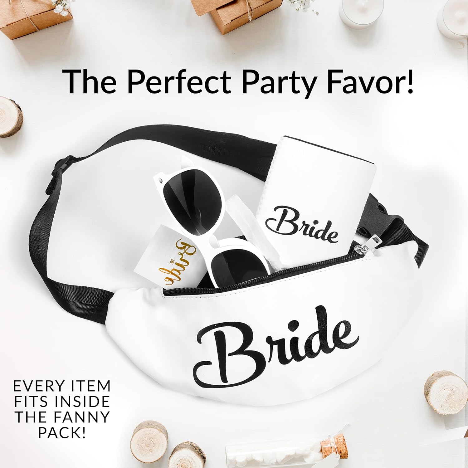Bachelorette Fanny Packs | 30 Pc - Set of 5 Bachelorette Party Favors & Accessories | 1 Bride Fanny Pack + 4 'Party' Packs | Bachelorette Party Kit with Sunglasses, Koozies & Bridal Accessories - Image 4