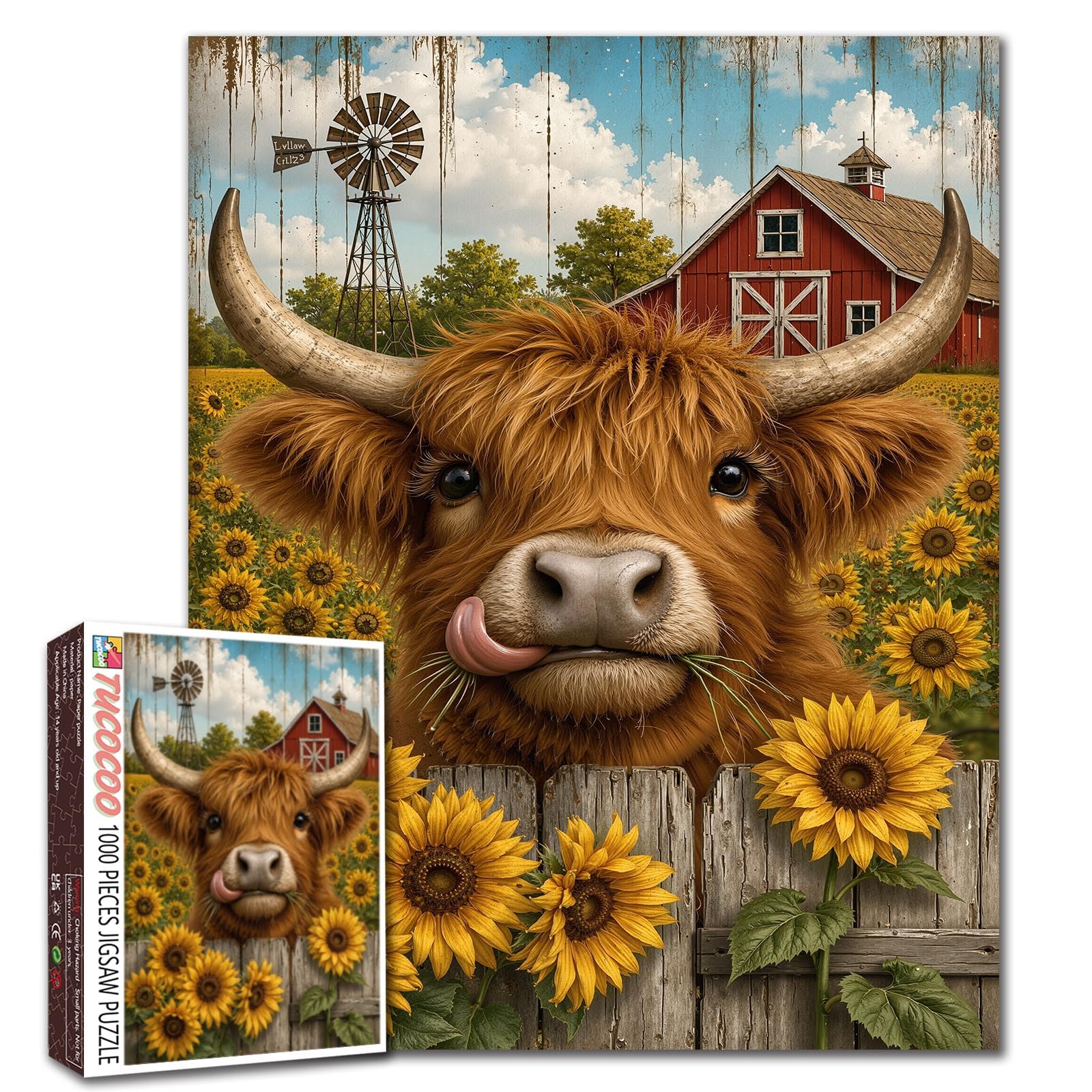 1000 Piece Jigsaw Puzzles for Adults Highland cow Painting Jigsaw Puzzle Farmhouse decor 1000 Pieces Puzzles Game Sunflower Decor DIY Craft Kitchen Decor Animal Puzzle Art