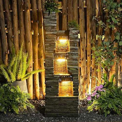 Miniatura 15 de Fuente de pared para exteriores con luces LED, fuente de agua independiente de 42.91 pulgadas de alto, gran función de cascada de patio, resina