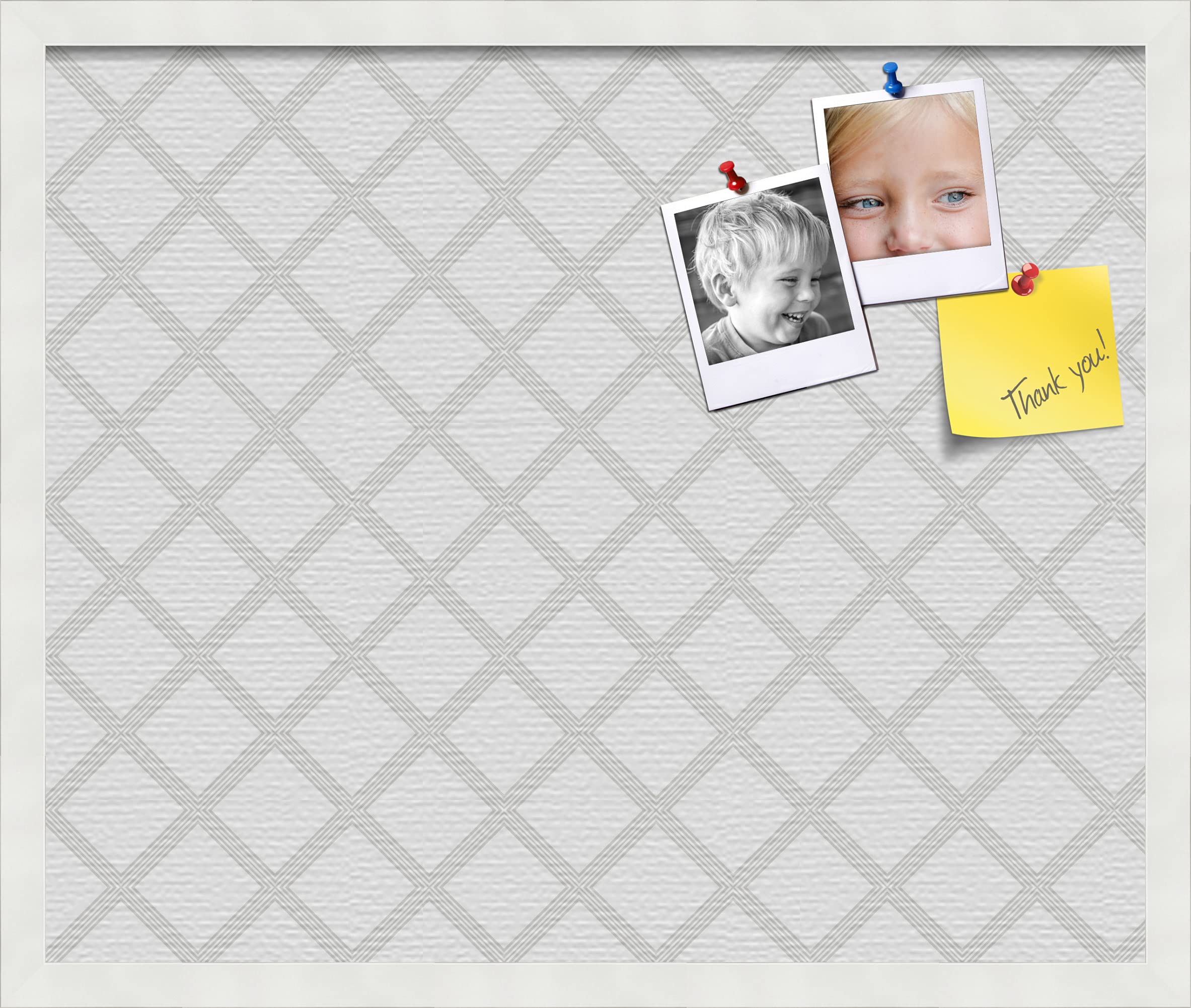 PinPix pin Cork Bulletin Board Made from Canvas, Diamond Modern Pattern Grey White 24x20 Inches (Completed Size) and Framed in Satin White Frame (