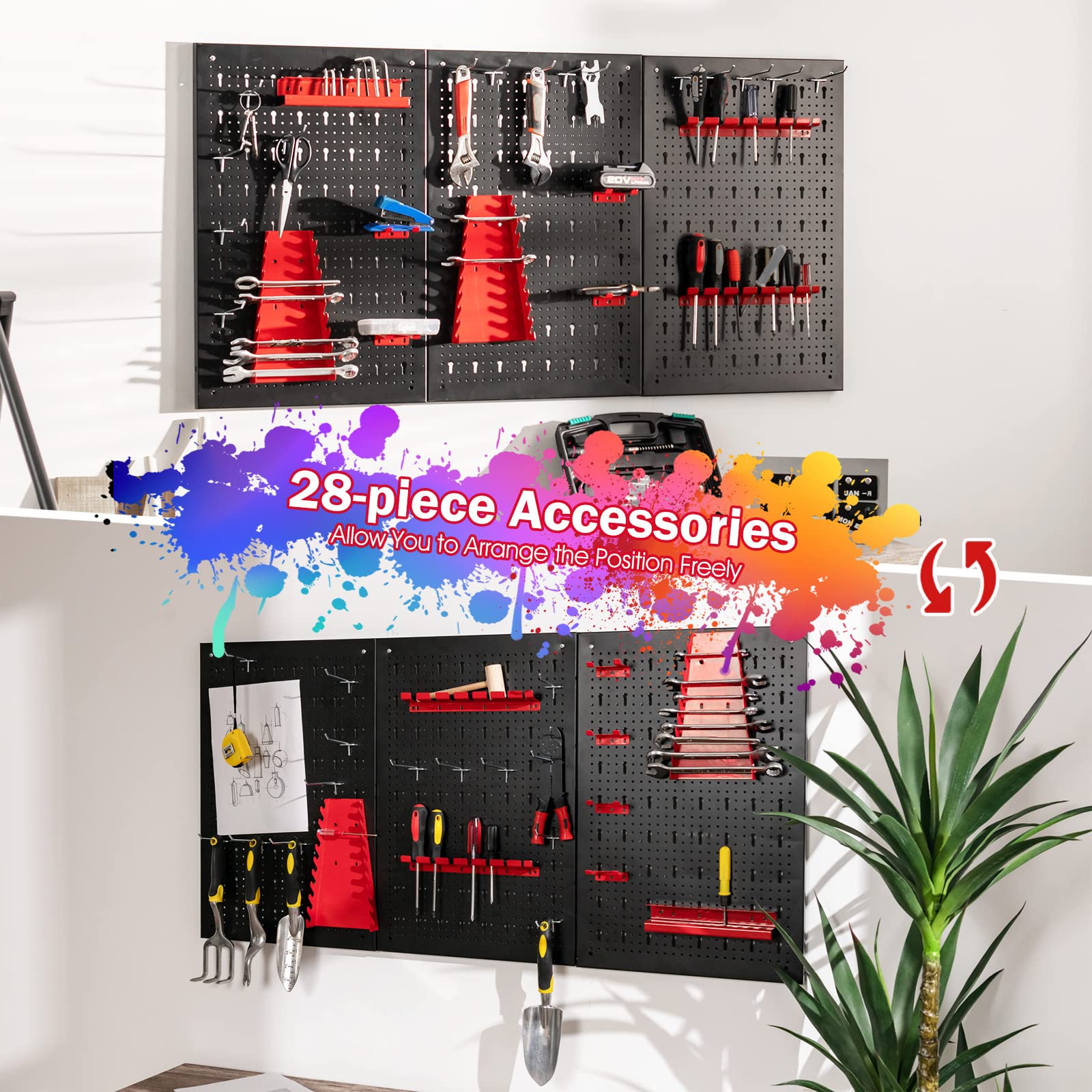 GOPLUS Organizador de Herramientas 120 x 60 cm, con 28 Accesorios con Ganchos y Soportes, Tablero Perforado de Metal para Llaves Inglesas y Taladros, Estante de Pared para Garaje, Taller