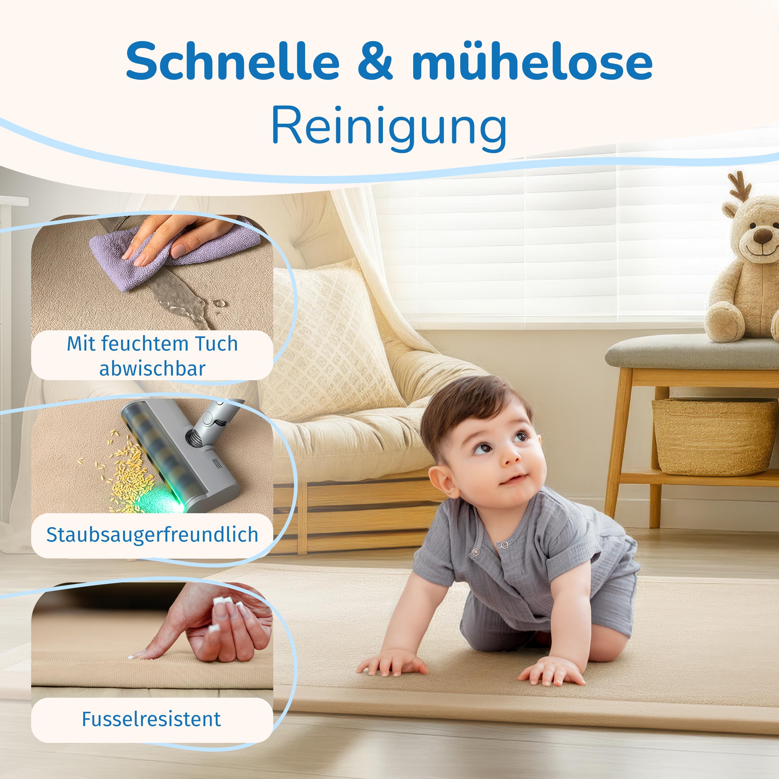 BabybeFun Krabbelmatte Baby - kuschelig weich - 3cm Dicke Spielmatte - schützt vor Stößen - Teppich Kinderzimmer 150x150cm - rutschfeste Schaumstoffmatte - Spielteppich Kinder - Krabbeldecke warm