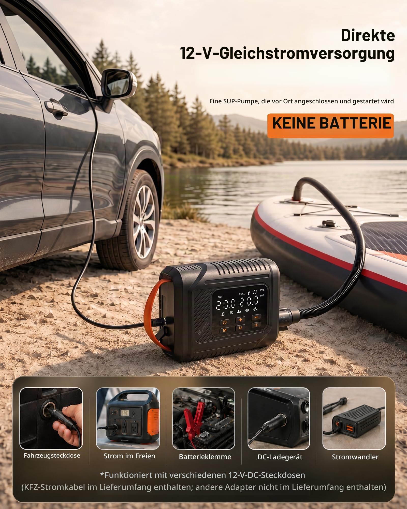Elektrische SUP Pumpe 20 PSI, mit 12V-DC-Autoanschluss, ohne Akku | Betrieb über 12V-DC-Autosteckdose. Dual-Stage, Aufblasen, Entlüften und Auto-Stopp,für SUP, Kajaks, Zelte & Pools.