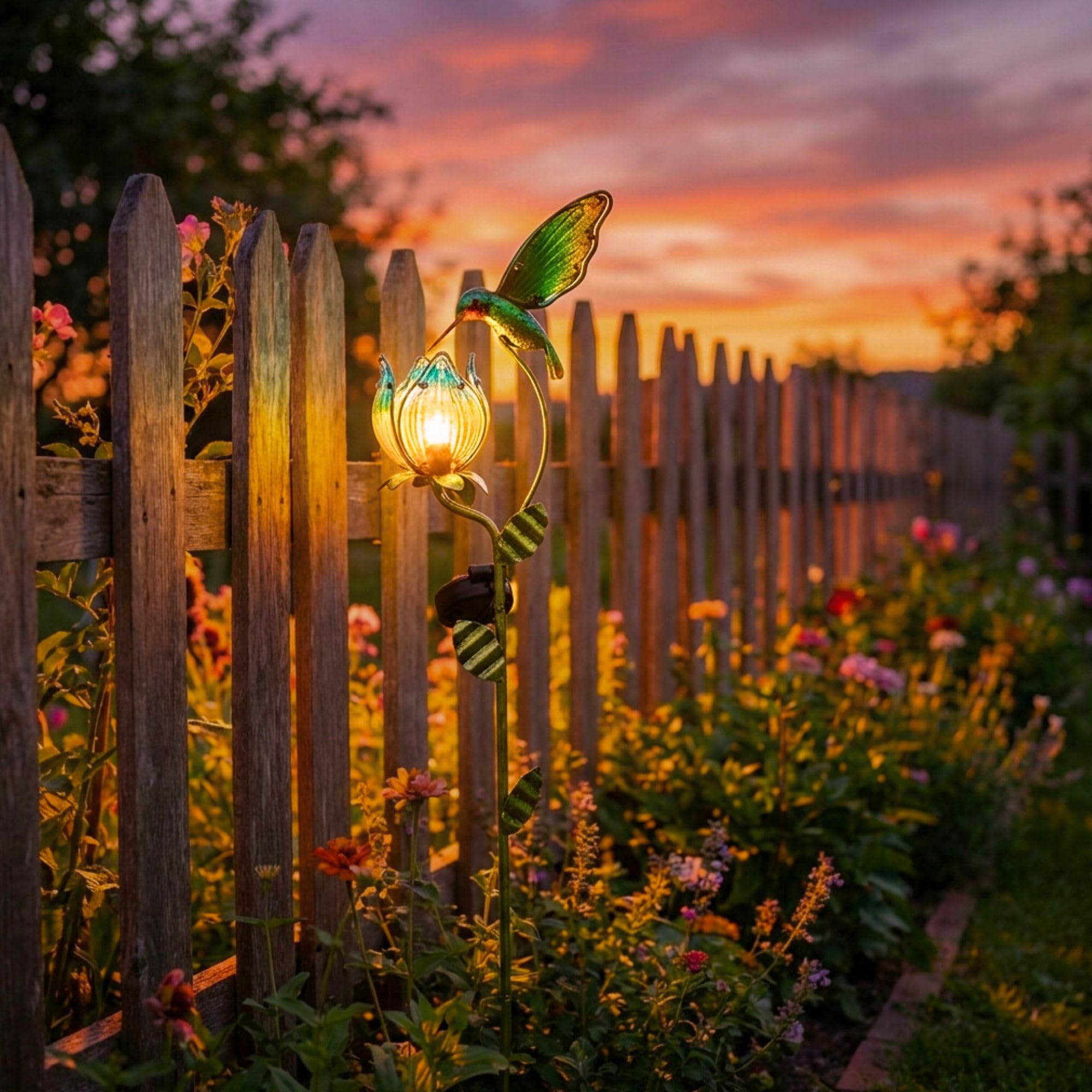 TERESA'S COLLECTIONS Lampe Solaire Exterieur Jardin,Decoration Jardin Exterieur, Lumière Solaire Colibri et Fleurs Métal Verre Solaire LED Lumière Étanche, 97cm(M)