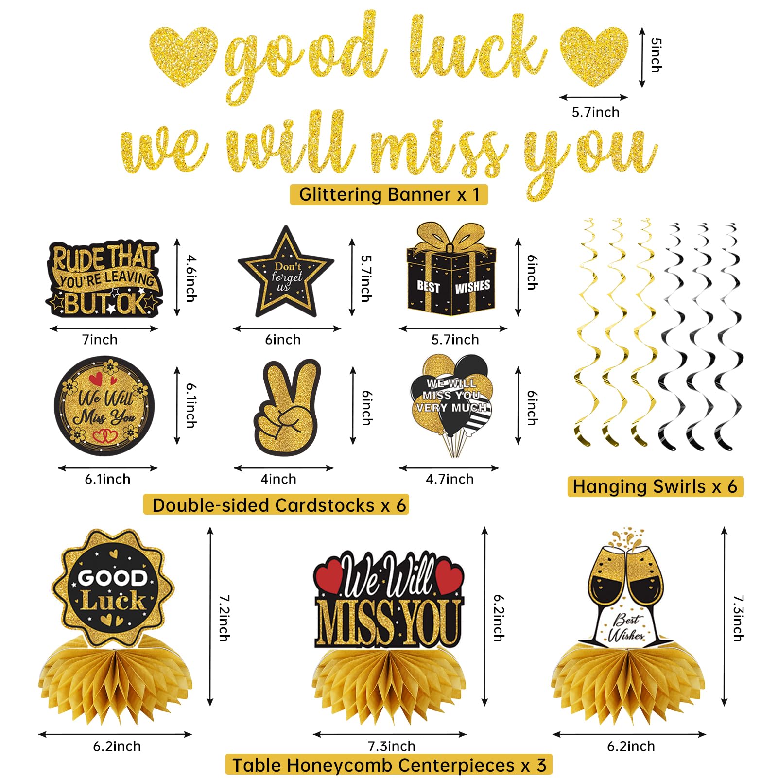 Uiorgui Decoraciones de fiesta de despedida, decoración de despedida con texto en inglés "Good Luck We Will Miss You", decoración de despedida para fiestas, centros de mesa, remolinos colgantes
