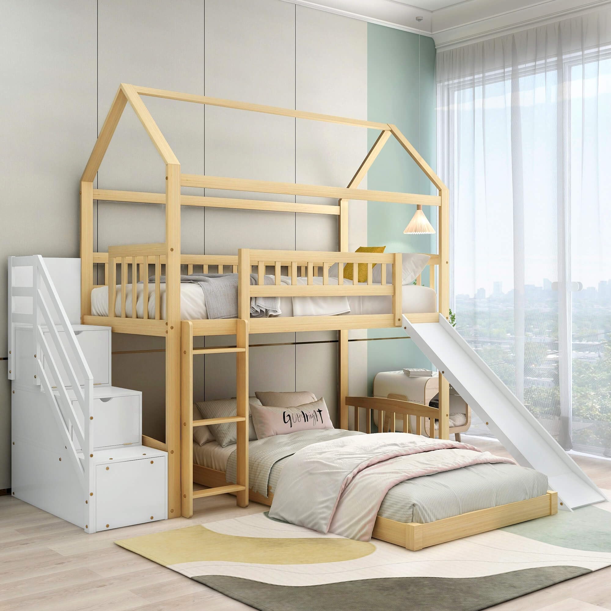 Dolamaní Letto a soppalco 90 x 200 cm, letti a castello con scala e scivolo, letto singolo con ringhiera per bambini, culle con guide di sicurezza (bianco, 90 x 200 cm