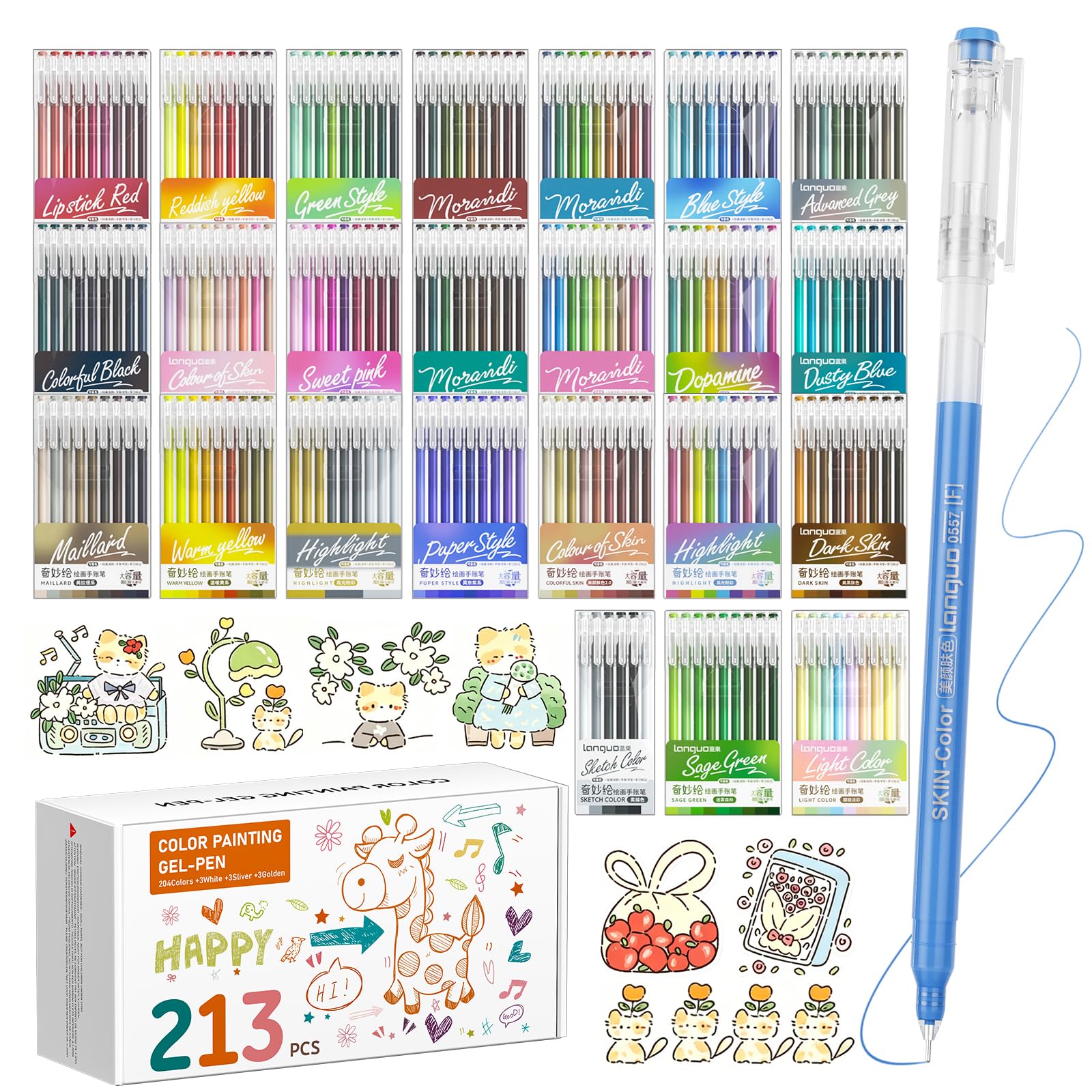 TrendGate Set di 213 penne gel, punta fine da 0,6 mm, 207 colori (204 colori + 3 bianco/3 argento/3 oro), set di penne gel per pittura, scrittura e diario per adulti