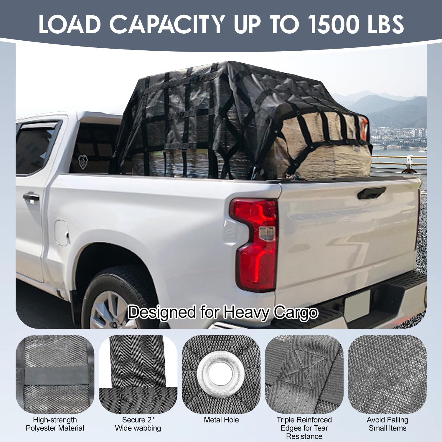 Heavy Duty Truck Cargo Net with Mesh, 72in x 57 in, 1100LBS Capacity, Adjustable Straps with Cam Buckles & S-Hooks for Trailer, Pickup, Jeep, SUV