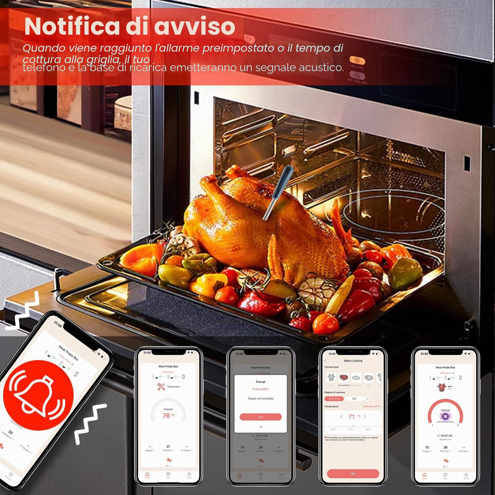 Zeerkeer Termometro Bluetooth del Segnale a 50 m,Senza Fili Termometro Cucina Per Forno,Grigliate,Barbecue,Stufa,Monitoraggio Remoto di Termometro Intelligente,App Italiano Compatibile per IOS/Android