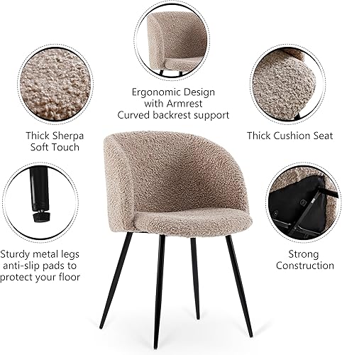 Miniatura 5 de Acogedor juego de 2 sillones tapizados, sillas de sala de estar de piel sintética esponjosa con respaldo medio, silla de comedor de sherpa suave con