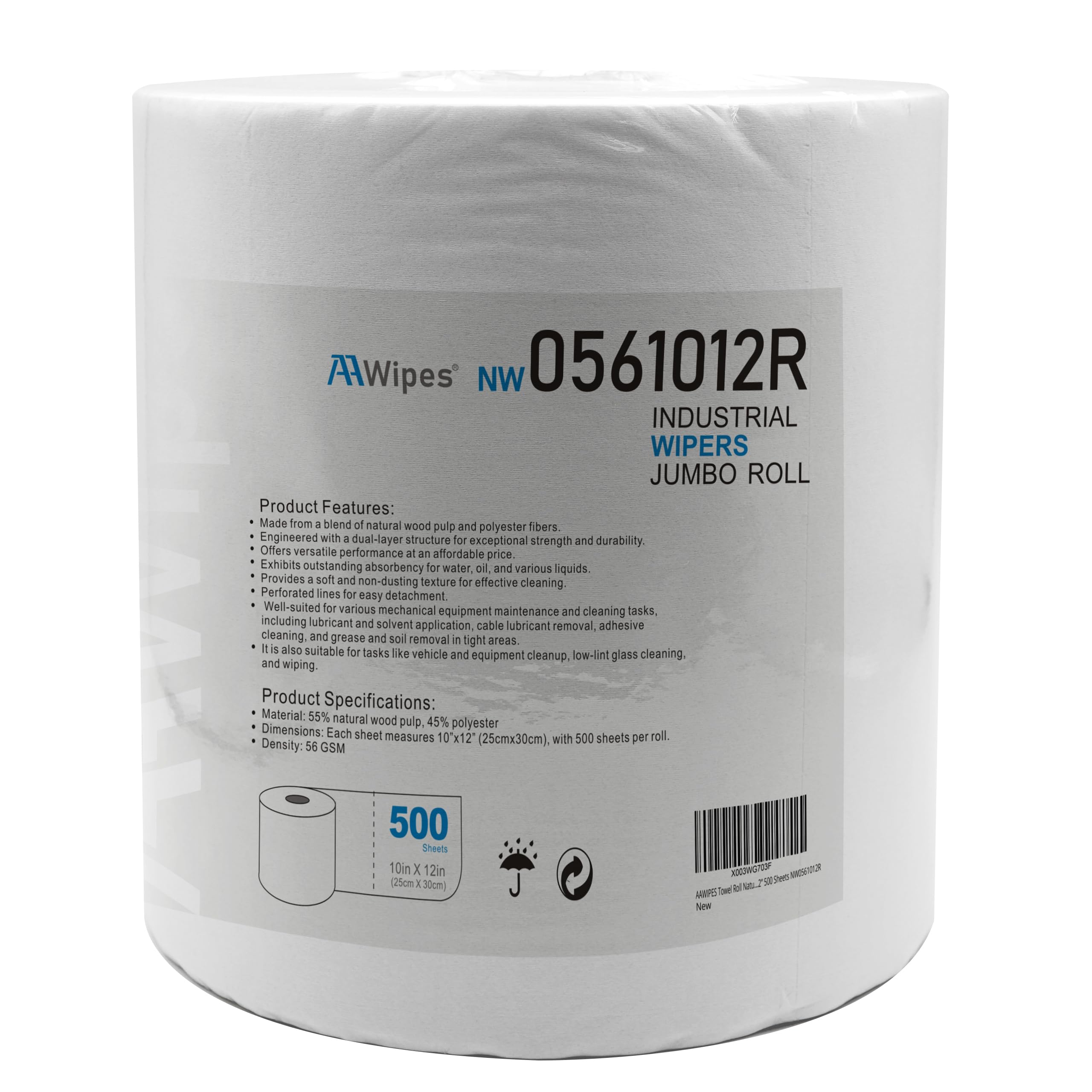 AAwipes Industrial Wipes Multi-purpose Cleanroom Wipes | 500 PCS | 10"*12", White| Dust-Free Cellulose/Polyester Blend Disposable, Jumbo Roll, High Absorbency - NW0561012R 56GSM 10"X12" 500 Wipes