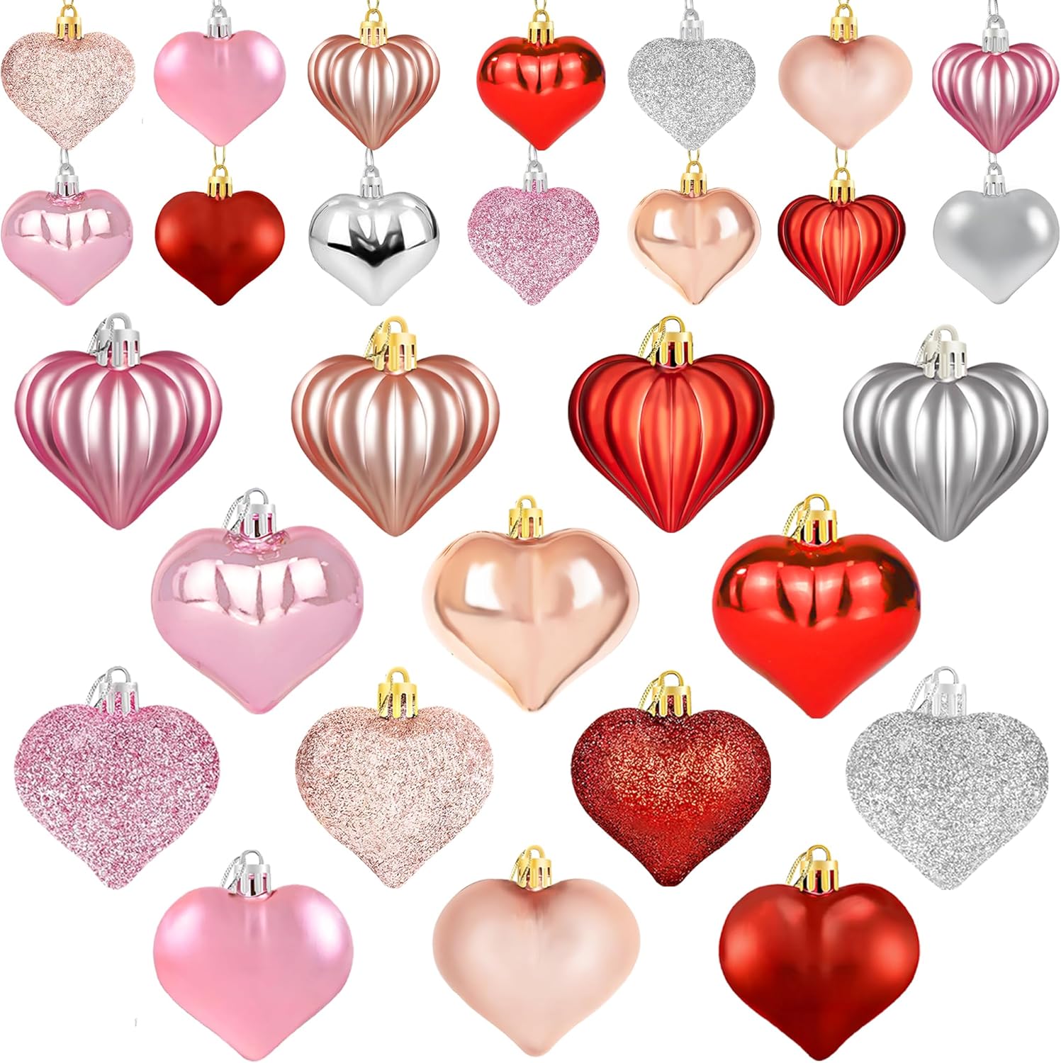 Product image of 48PCS Heart Ornaments, Heart Shaped Valentine Ornaments for Christmas Valentine Tree, Red Pink Silver Rose Gold Glitter Hanging Hearts Decorations for Valentines Day Decor Home Wedding Anniversary