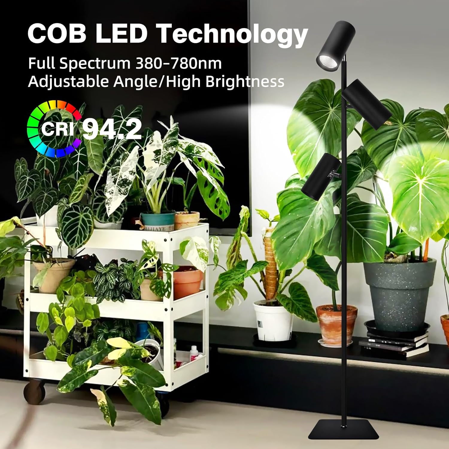 90W Dimmable Grow Light, Daylight Full Spectrum COB LED Triple-Head Floor Lamp with High PPFD&CRI, 6/8/12H Timer, Adjustable Height (43"-83") & Angle – Standing Grow Lights for Indoor Plants
