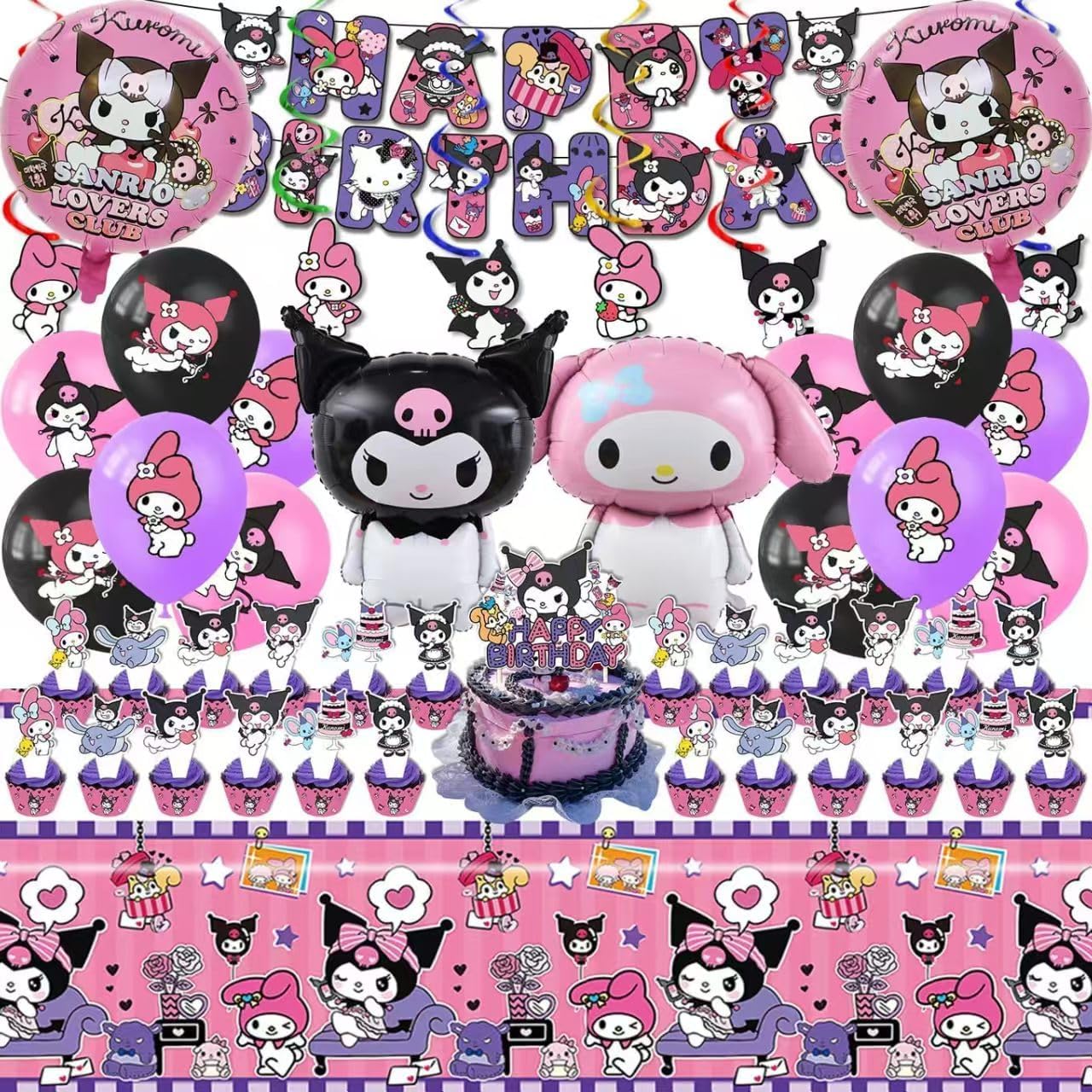 52PCS-Kuromi Birthday Party Supplies, Party Decorations Set Include Banner, Balloons, Hanging Swirls, Cake Cupcake Toppers, Tablecloth for Girls Kuromi Theme Party