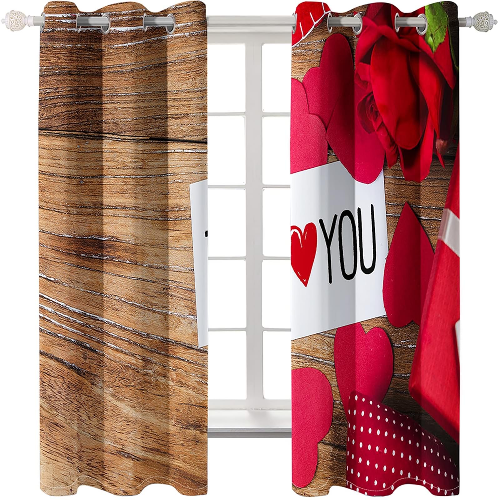 Verdunklungsvorhänge Schlafzimmer, Gardinen Blickdicht Holzbrett mit Herz und Rosenmuster 2er Set H 160 x B 102 cm Abdunkelnde Vorhänge Ösen