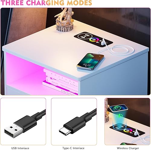 Miniatura 3 de Gurexl Mesita de noche RGB con estación de carga inalámbrica, 7 dinámicas y 7 estáticas regulables, moderna mesita de noche lateral con inducción