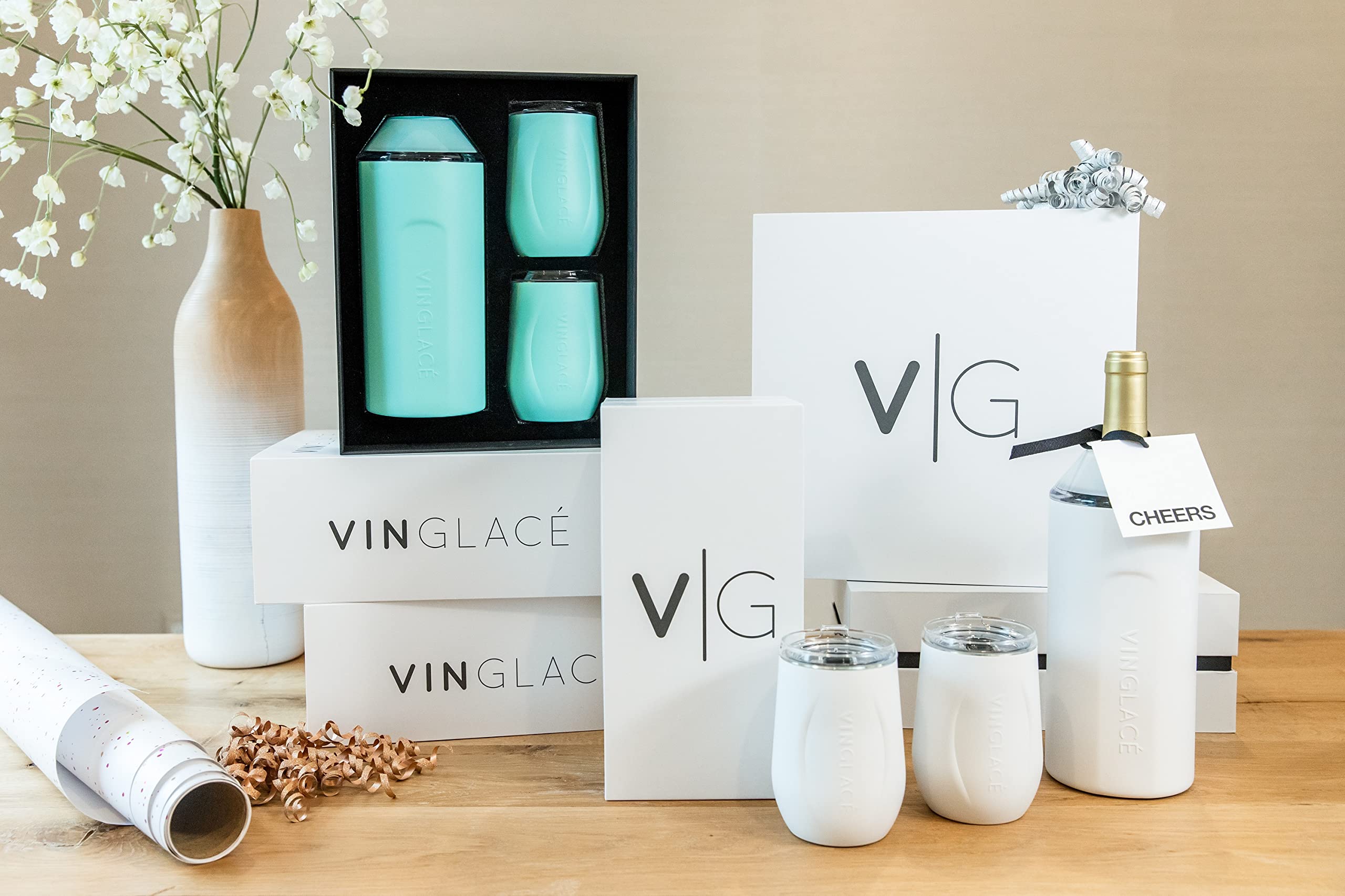 Vinglacé Wine Bottle Chiller Gift Set- Portable Stainless Steel Wine Cooler with 2 Stemless Wine Glasses, Sea Glass
