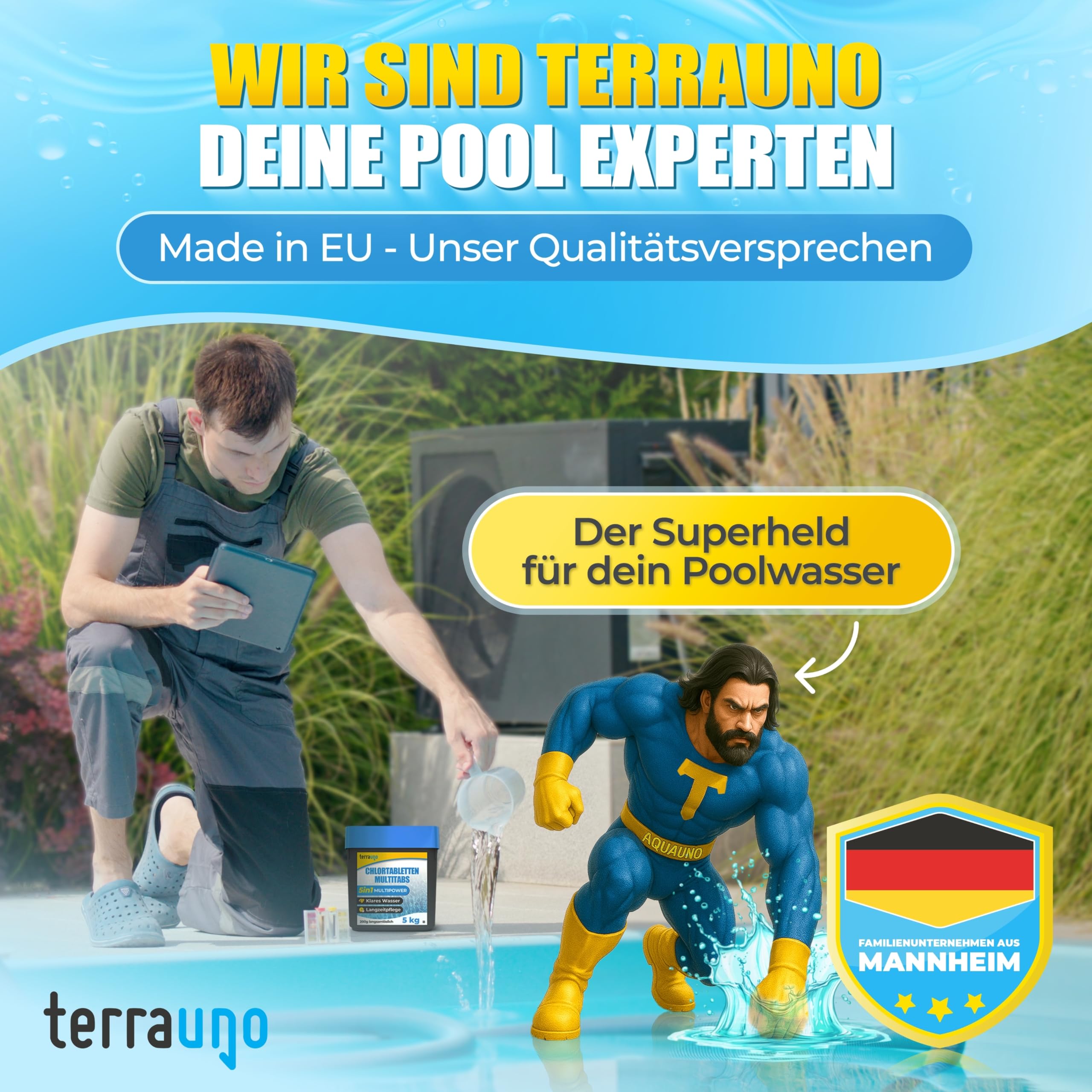 TerraUno Chlortabletten für Pool, Multitabs 5 in 1 für Poolpflege, 5kg je 200g Pool Tabletten langsamlöslich, mit 5 Phasen Power, KristallKlar Effekt, Chlor