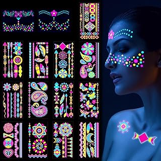 Scettar 15 Sheets Neon Temporary Tattoo, 200+UV Blacklight Neon Glow Fake Tattoos Multiple Designs Glow in the Dark Neon Tattoos Rave Festival Accessories for Women Girls Party Supplies