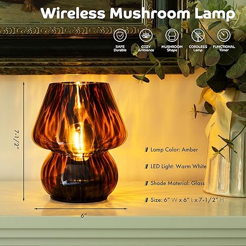 Miniatura 2 de Lámpara de hongo a pilas, lámpara de mesa pequeña vintage con temporizador, lámpara de mesita de noche inalámbrica, lámpara de cristal con pilas