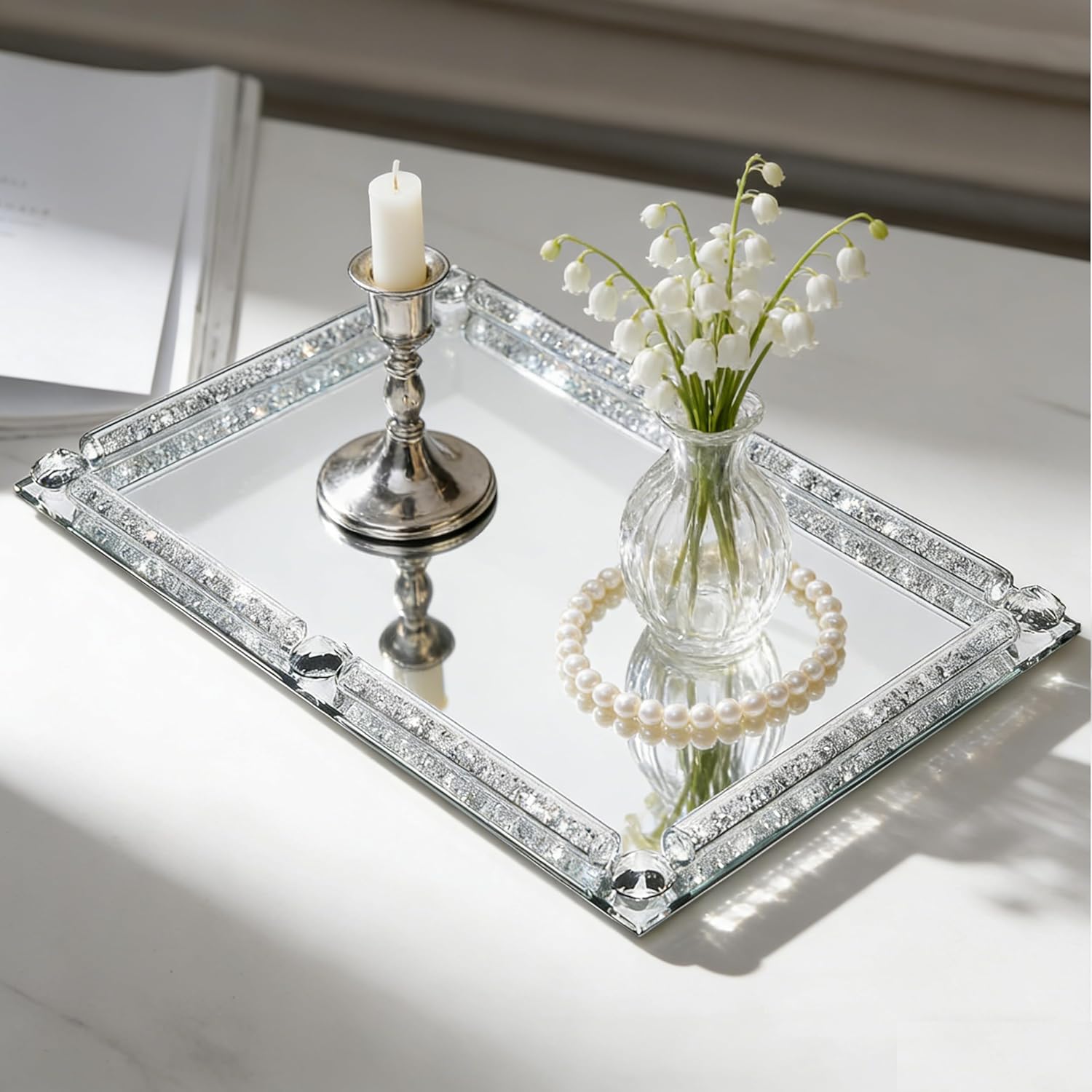 Large Crystal Glass Tray, Crushed Diamond Filled Mirror Vanity Cosmetic Makeup Tray, Sparkle Perfume Jewelry Countertop Decorative Tray, for Home Party Hotel Banquet Dresser Bathroom Bedroom(Silver)