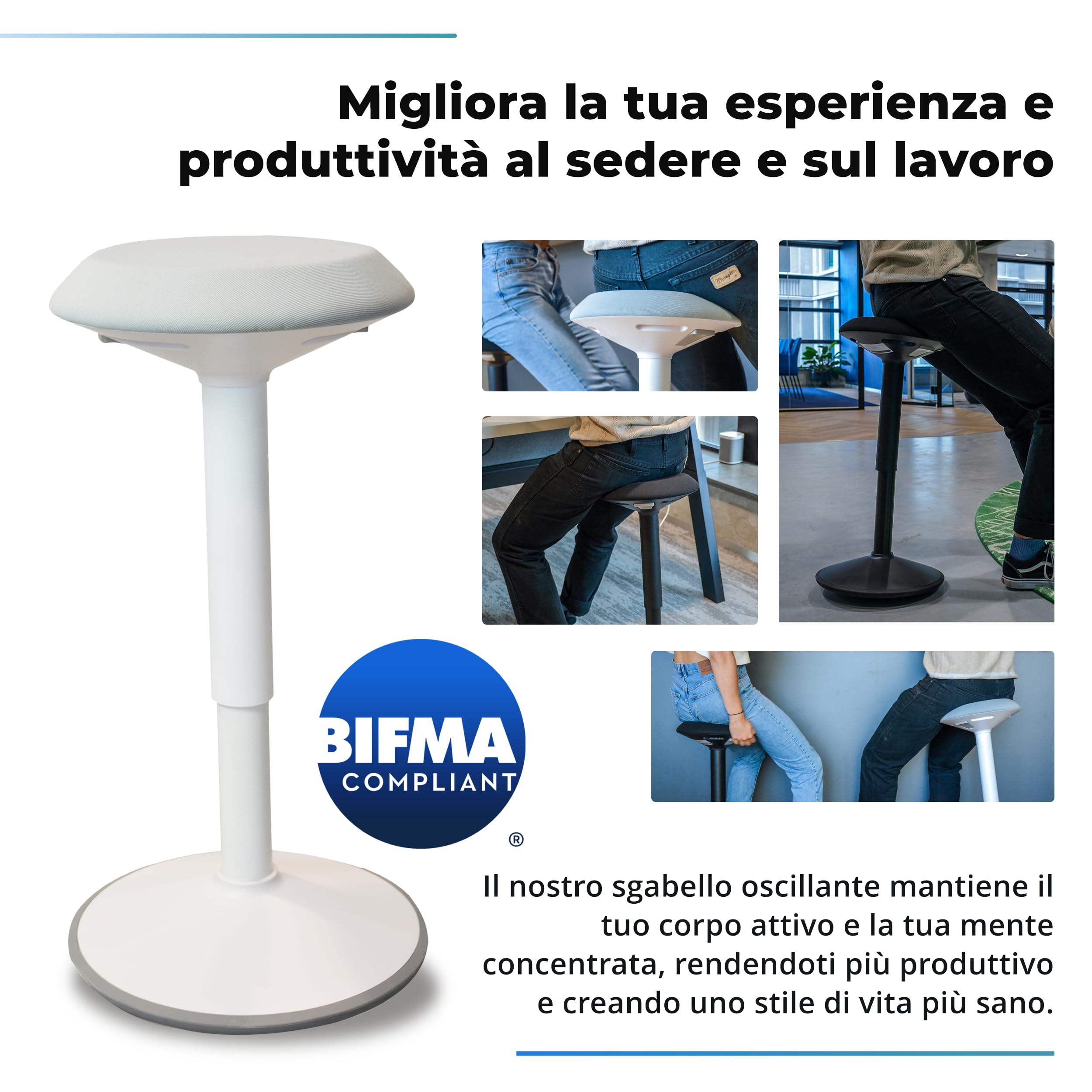 Backerz Sgabello Ergonomico - Sgabello Girevole da 55 a 80 cm con effetto dondolo - Sedia da Ufficio per Casa, Ufficio, Studio - Cuscino a Schiuma, Esterno in Lino Impermeabile - Bianco Opaco