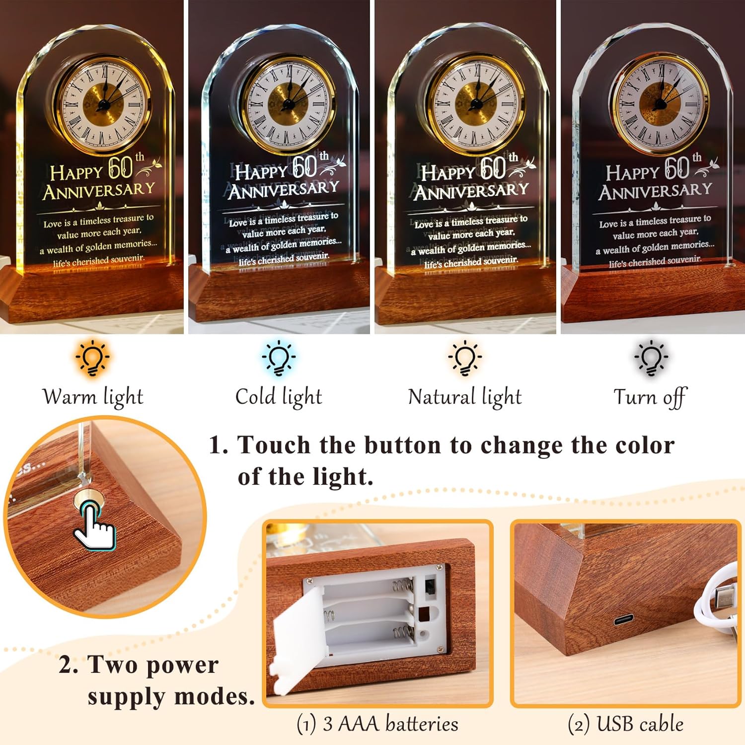 YWHL 60th Wedding Anniversary Clock Gifts for Parents Grandparents, 60 Years Anniversary Couple Gift, Table Clock Glass Presents with Wooden Light Base for Home Decoration (Battery not Included)