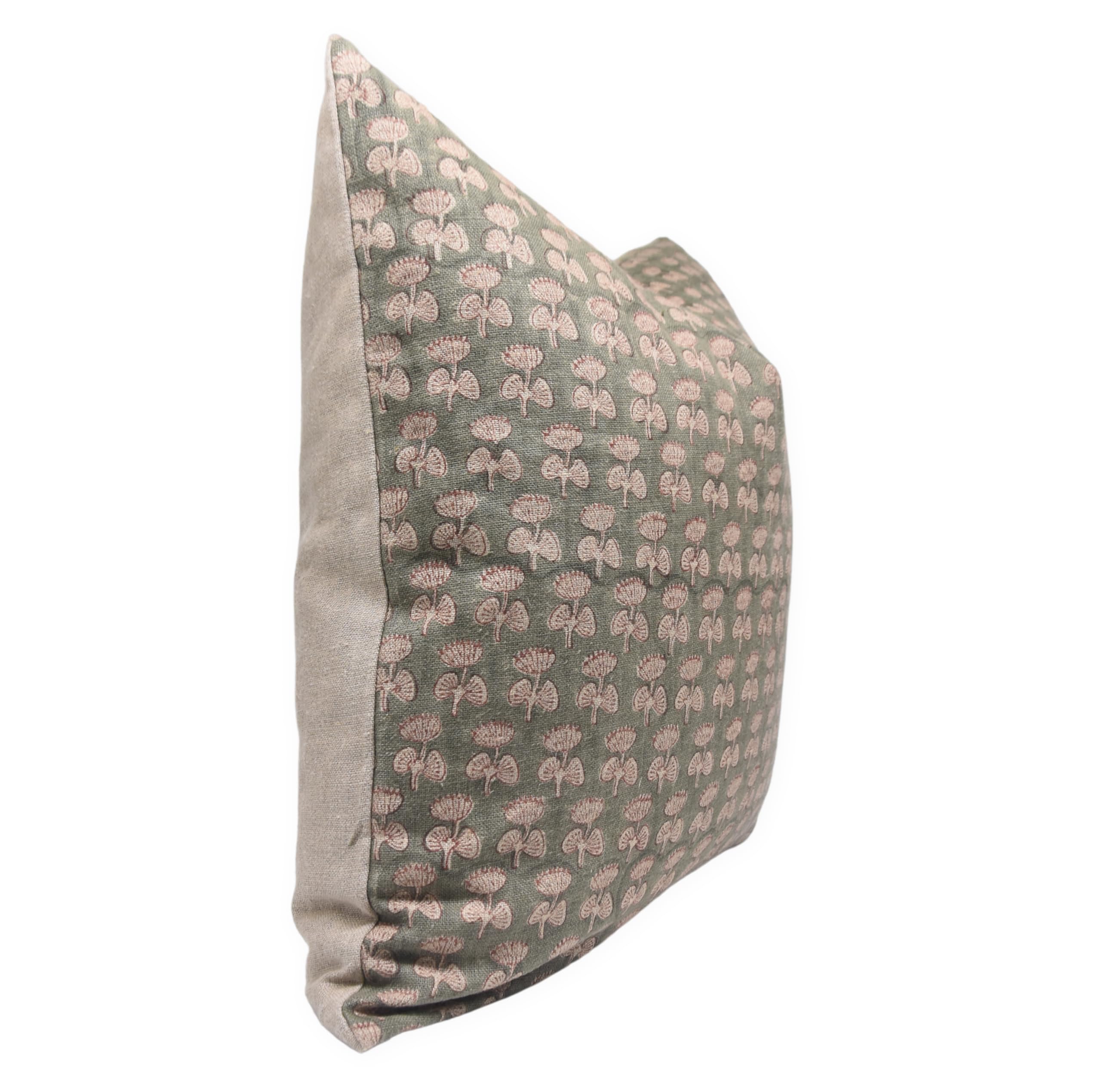 Fabritual Block Print Thick Linen 22x22 Throw Pillowcase Cushion Cover Decoration for Farmhouse, Living Room, Fall Spring, Outdoor, Sofa, Couch (Damru-Green)