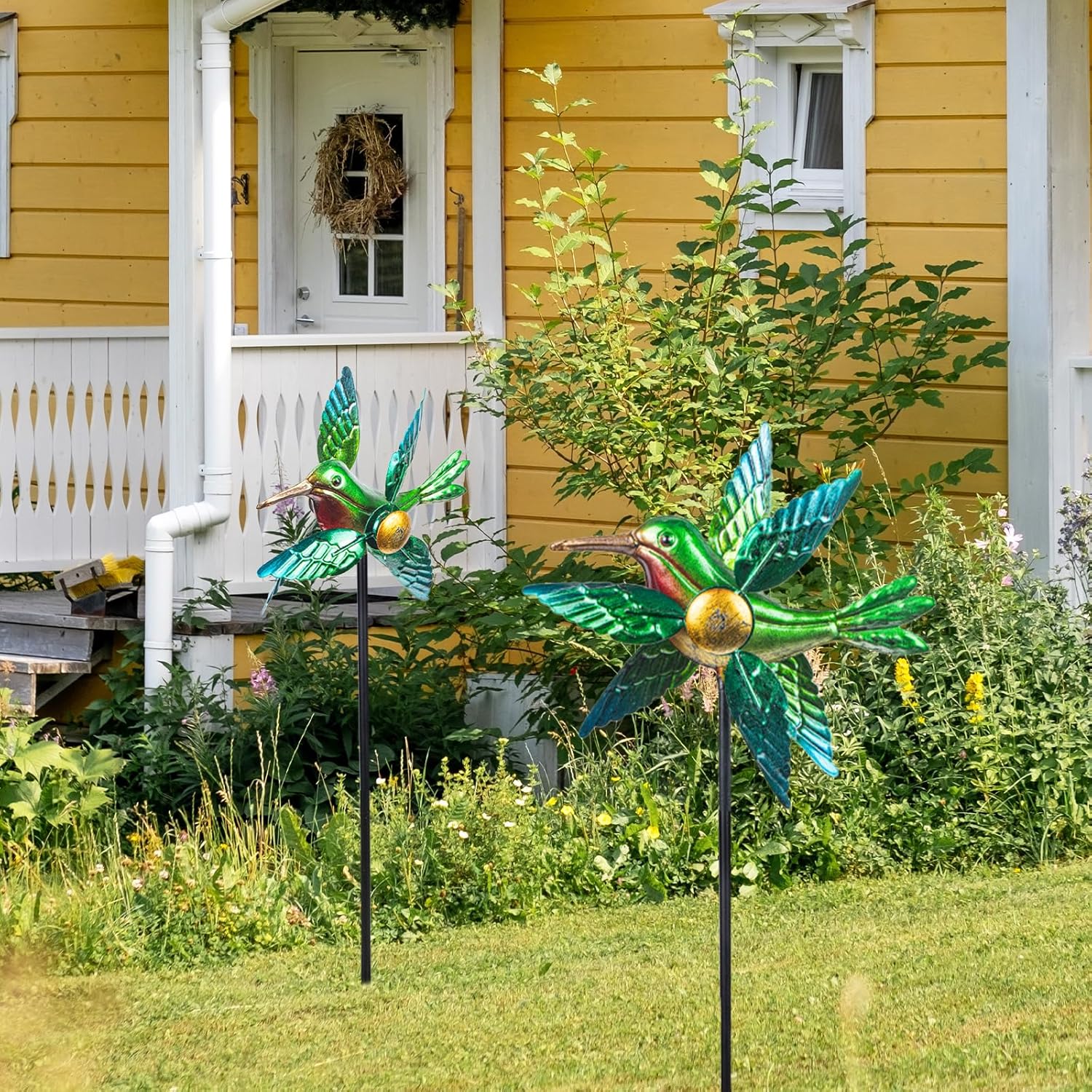 WONDER GARDEN ウィンドスピナー アウトドア - 2個パック スモールメタル ハチドリ グリーン ウィンドスピナー 風車