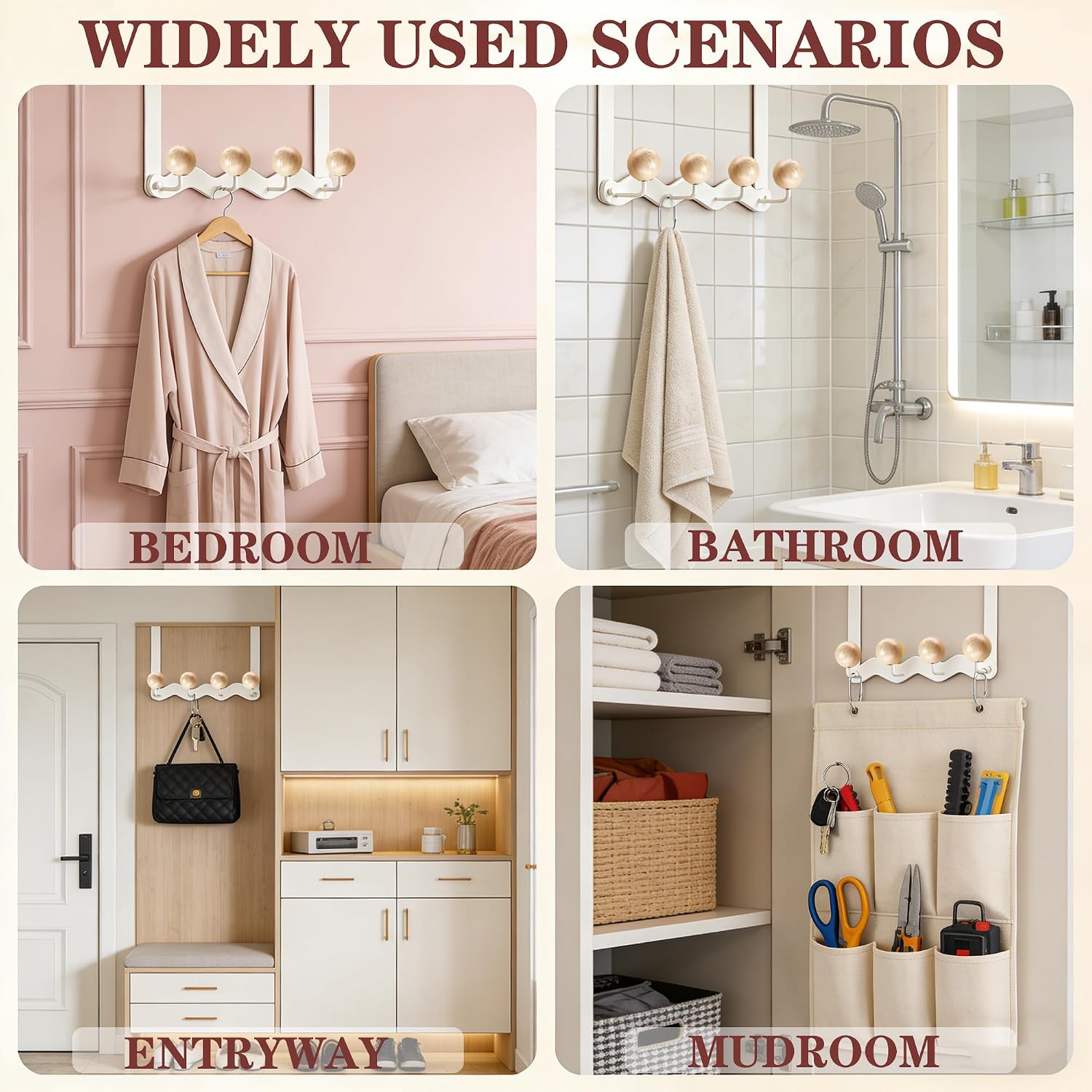 Non Drilling Door Hanging Hanger with Cream Wood Finish (4 Hooks) image 5