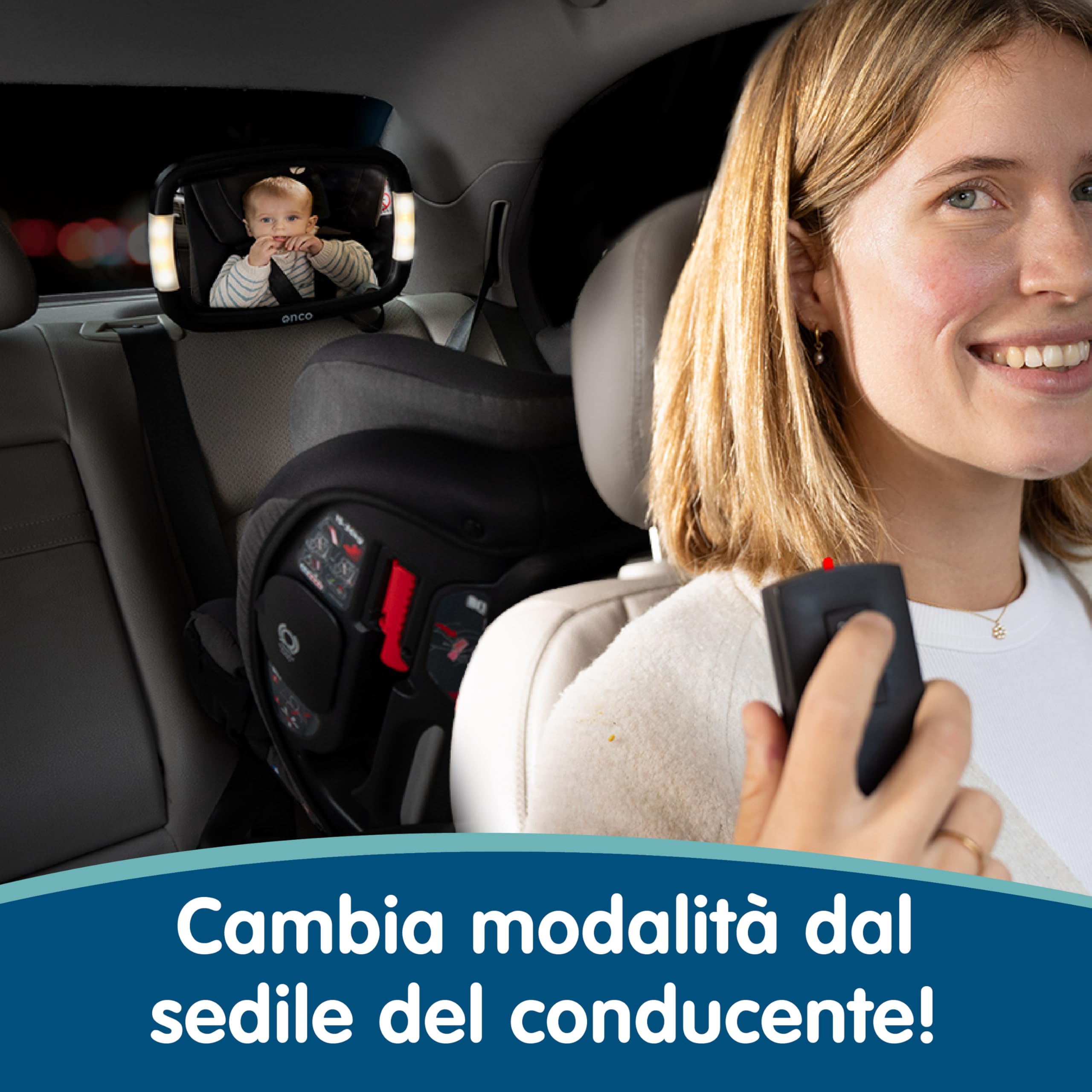Onco Specchietto Retrovisore Bambini LED - 2 Modalità di Luce Ambientale, 100% Infrangibile, Regolabile a 360° e Universale, Specchietto Retrovisore Auto, Specchio Auto Neonato Sedile Posteriore
