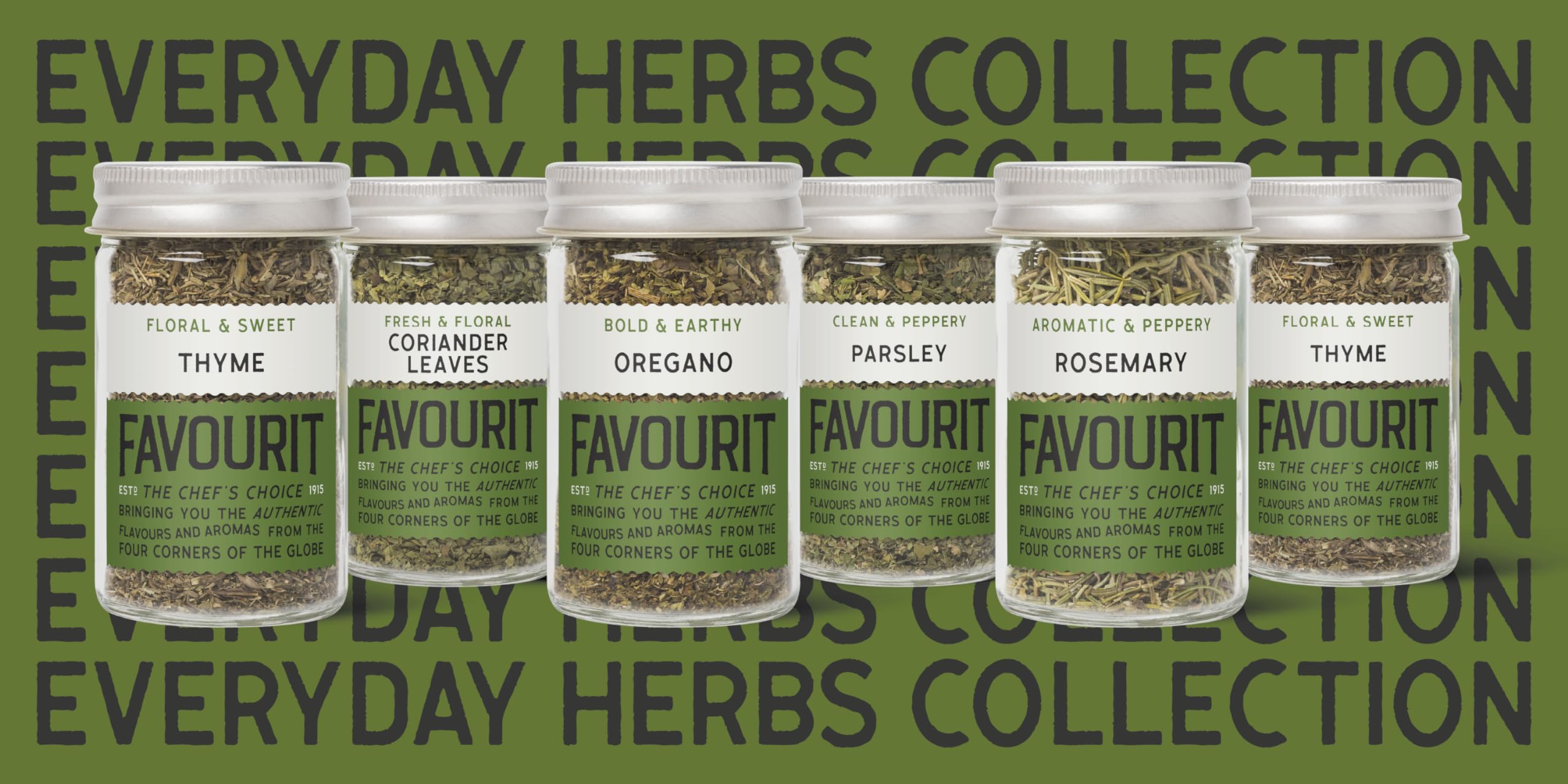 Favourit Everyday Herb Collection: Chef's Choice, 6-Jar Classic Kitchen Essentials Pack - Basil, Coriander Leaves, Oregano, Parsley, Rosemary, Thyme, Since 1915