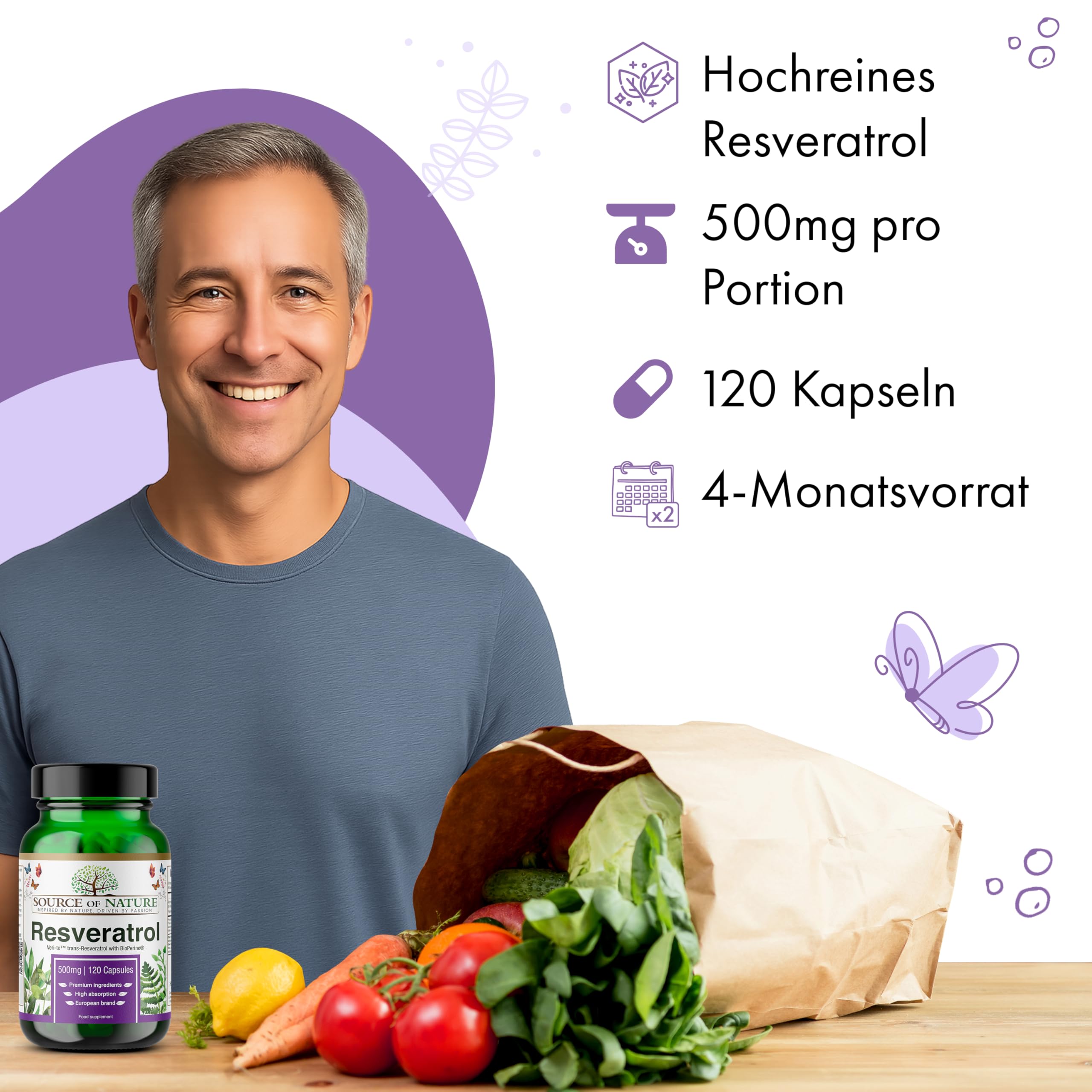 Trans-Resveratrol 500 mg | 120 vegane Kapseln | Hochdosiert | 98 % Reinheit | Natürlich fermentiert | Mit Piperin | Laborgeprüft | Premium-Qualität
