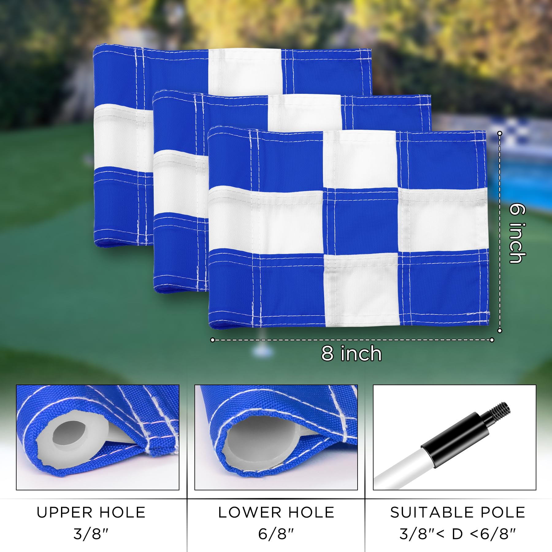Bandera de golf Kingtop, banderas de golf verdes, banderas de golf a cuadros, banderas verdes, interior al aire libre, patio, jardín, portátil, objetivo de golf (azul/blanco, 20 x 15 cm, juego de 3)